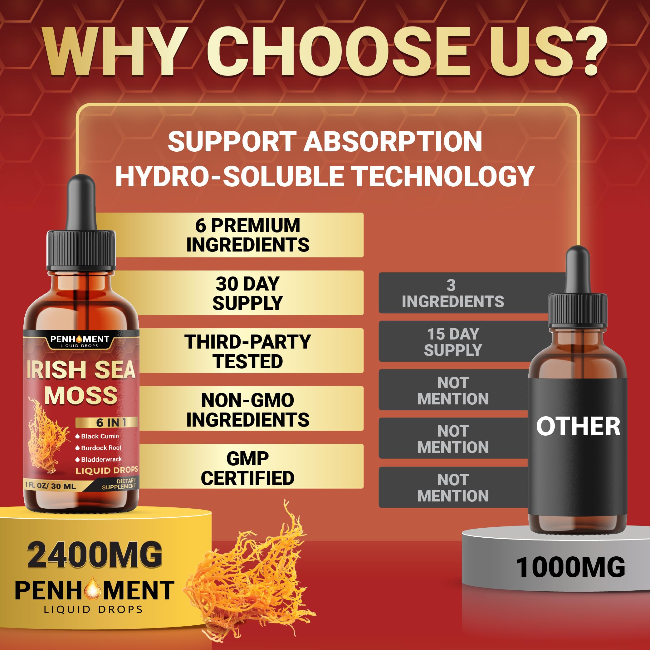Penhoment 6in1 Sea Moss Drops with Black Seed Oil Irish Seamoss, Ashwagandha, Burdock Root & Bladderwrack - 1FL Oz - 30 Day Supply Penhoment uk supplements