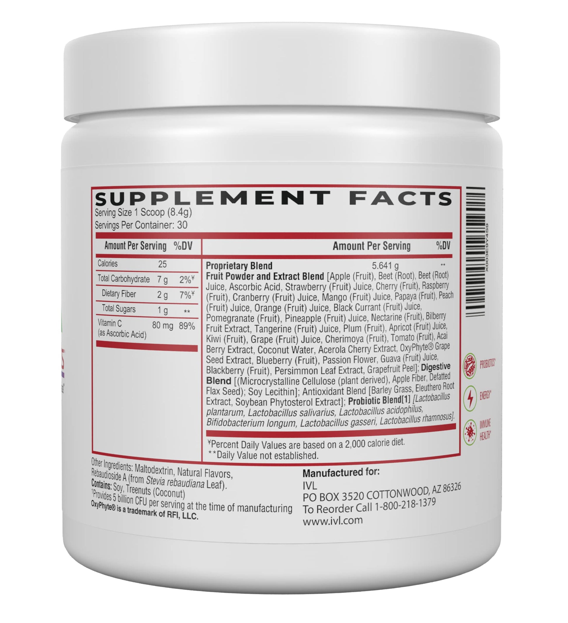 IVL - Phyto Fruits Superfood Powder - Support Energy - Digestive & Probiotic - Antioxidant - Vegan - 40 Fruits and Nutrients Plus 6 Probiotic Strains (30 Servings, 8.88 oz) IVL uk supplements