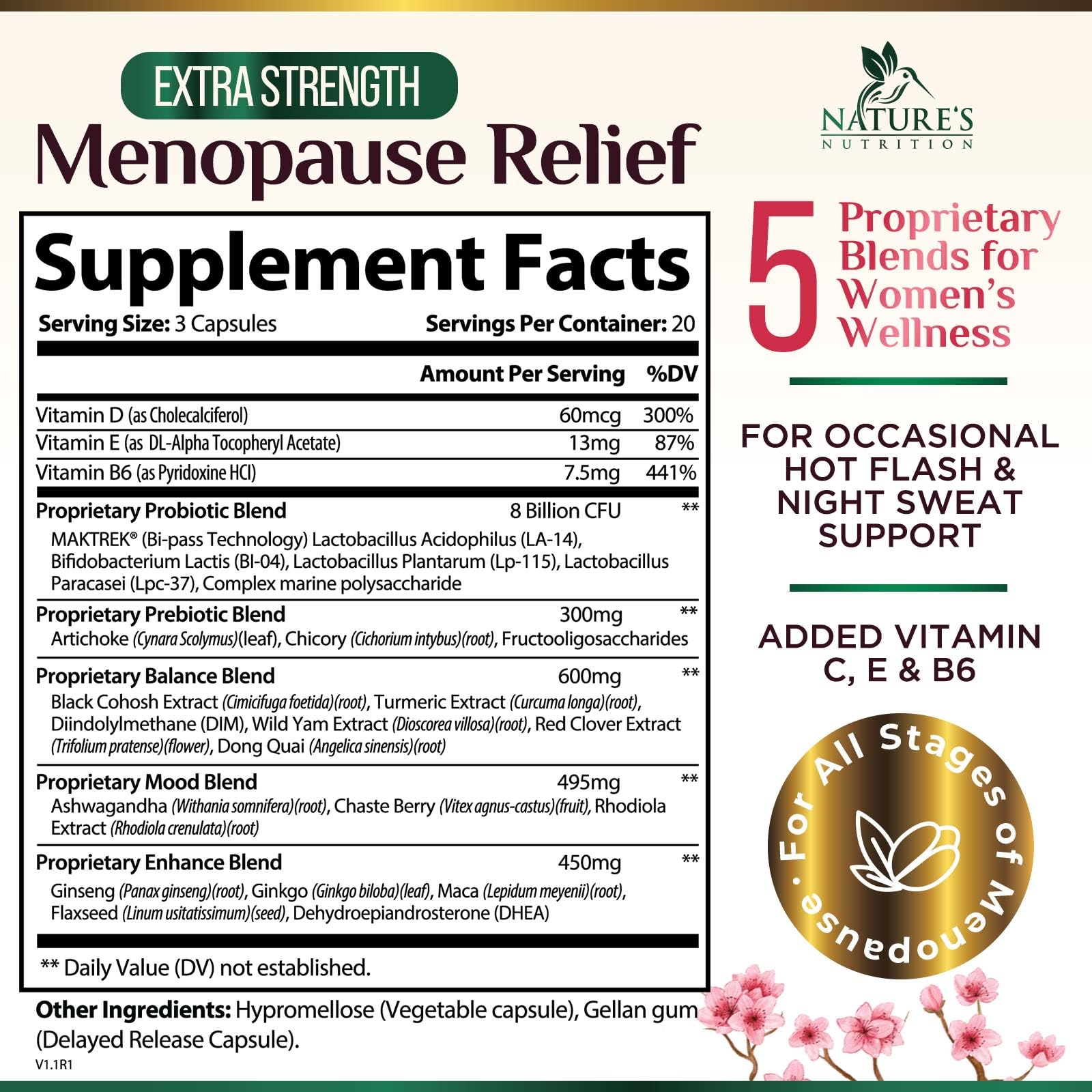 Menopause Supplement for Women - Natural Menopause Relief Support for Mild Hot Flashes & Night Sweats - Best Probiotics for Women, Dong Quai, Black Cohosh, Ashwagandha - Bottled in USA - 60 Capsules Nature's Nutrition uk supplements