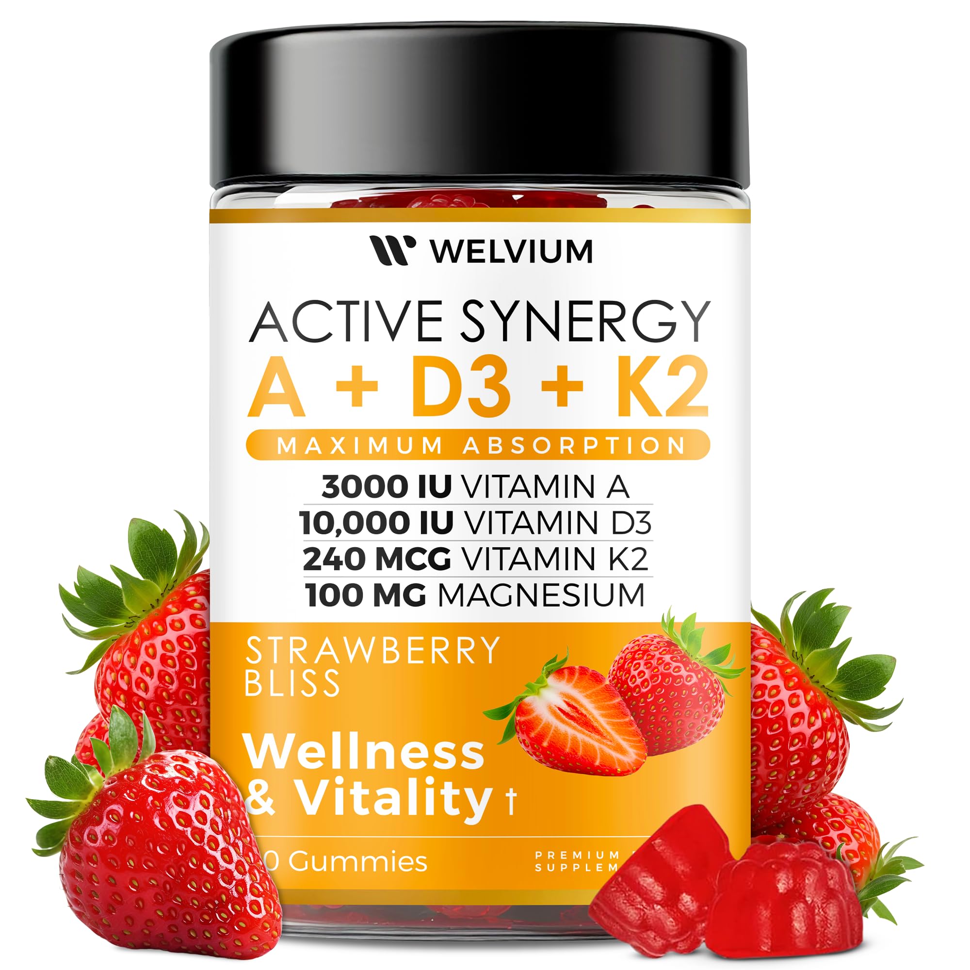 WELVIUM Vitamin D3 K2 Gummies 10000 IU with Magnesium Glycinate, Calcium, B12, K2 MK-7, Vitamins A, E, Lutein, Zeaxanthin - ADK Chewable Supplement for Bone, Eye, Immune Support - D3K2 Gummies WELVIUM uk supplements