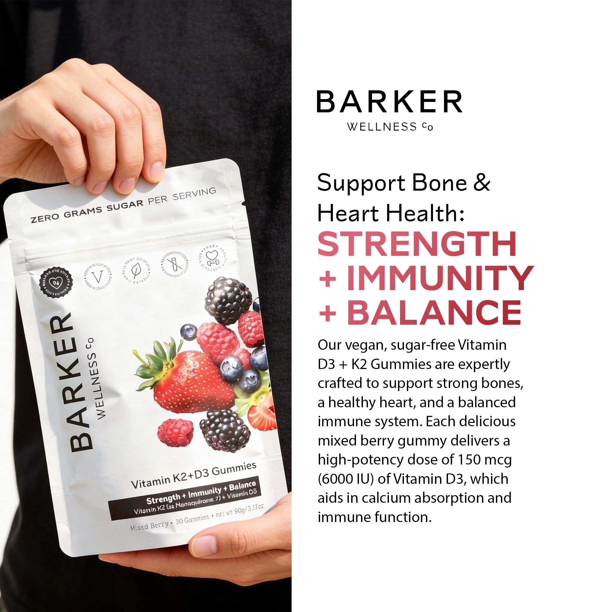 Barker Wellness D3 K2 Vitamin Gummies – Max Potency 6000IU D3 + 200mcg K2 for Strong Bones, Cardiovascular Wellness, Immune Support | Vegan, Sugar-Free, Delicious Mixed Berry | 30 Servings Barker Wellness Co uk supplements