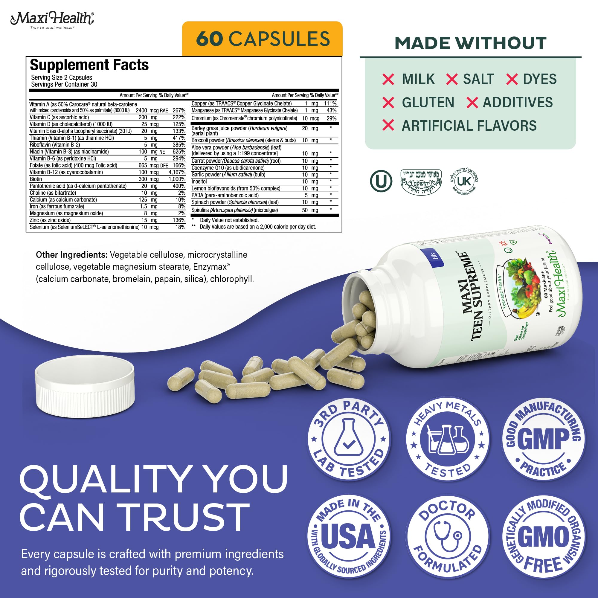 Teen Vitamins for Boys 12-17 - Teen Multivitamin Supreme with D3, Iron, Calcium, Biotin, Digestive Enzymes Maxi Health uk supplements