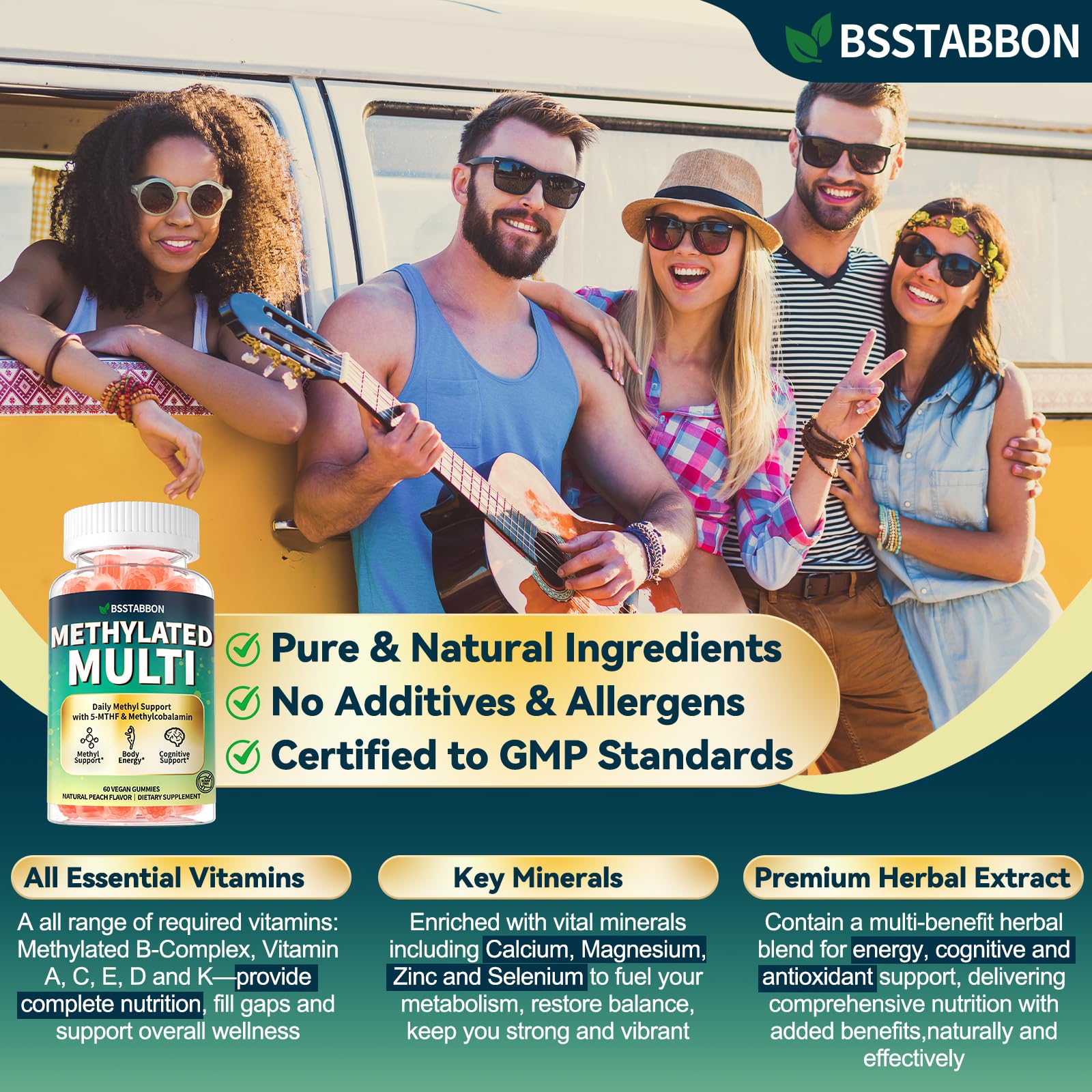BSSTABBON Methylated Multivitamin for Women Men: Organic Iron Free Multivitamins Gummies plus 5-MTHF Active B12 P5P CoQ10 NAC TMG - Chewable Sugar Free Gummy for Energy Immune Overall Health(120Count) BSSTABBON uk supplements