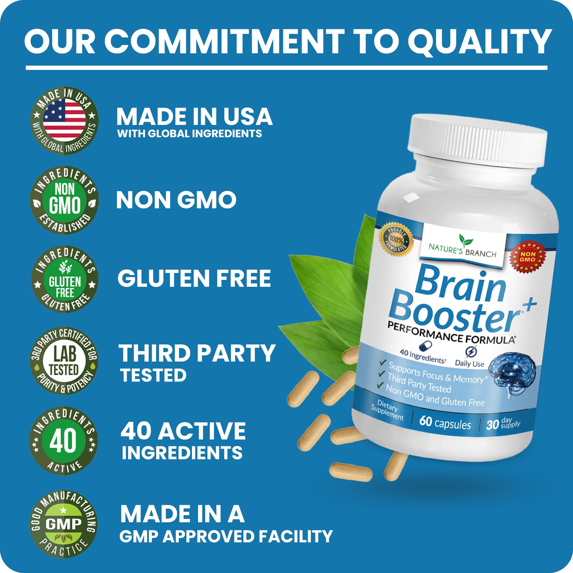 40-in-1 Brain Booster Supplement for Focus, Memory, Clarity, Energy | Advanced Vitamins Plus eBook | for Men & Women, Cognitive Function Nootropic Support with DMAE, Mind Health Formula | 60 Capsules NATURE'S BRANCH uk supplements