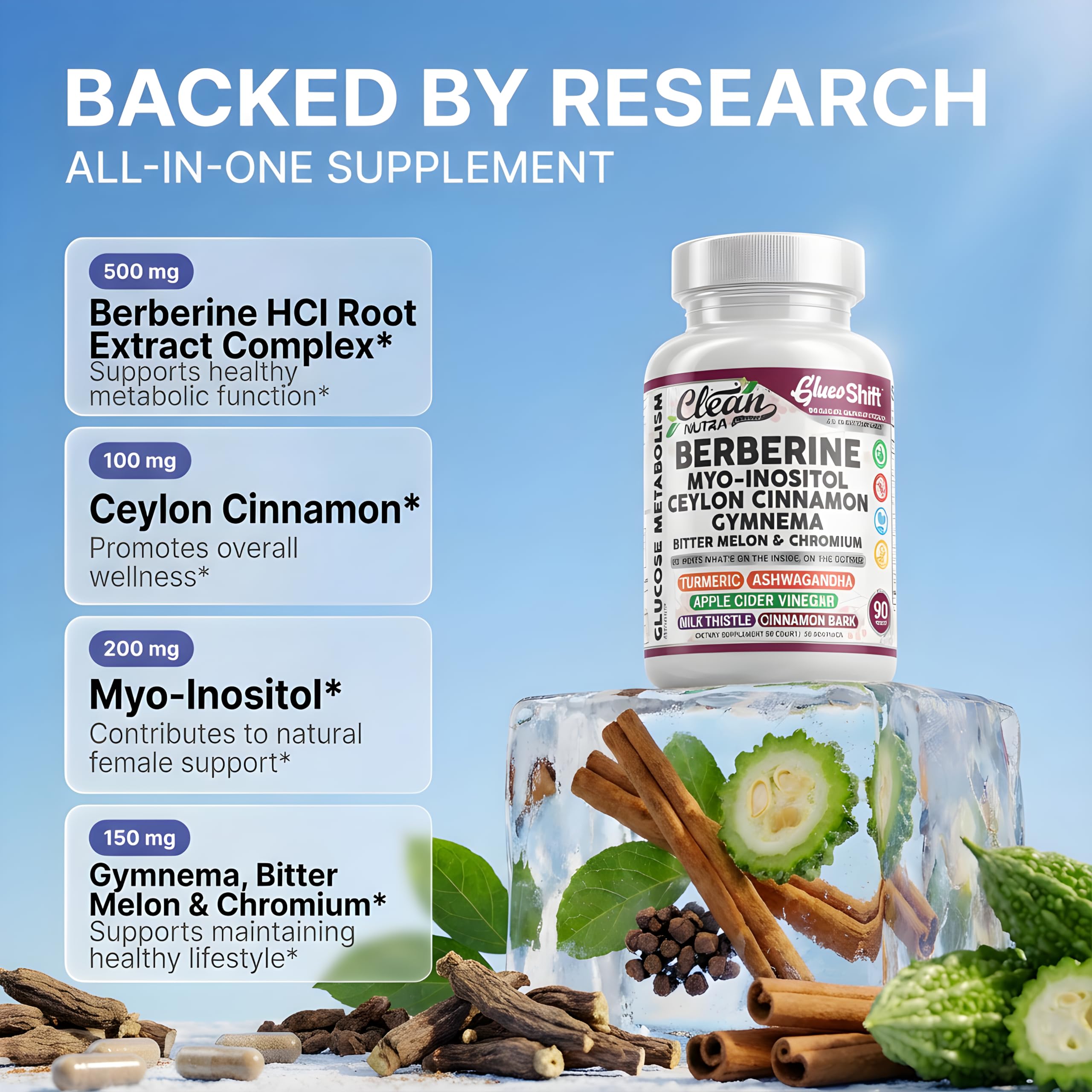 Clean Nutra Berberine Supplement Myo-Inositol Ceylon Cinnamon Gymnema Bitter Melon Chromium Complex for Digestion, Antioxidant Support & Wellness 90 Vegan Capsules Non-GMO Clean Nutraceuticals uk supplements