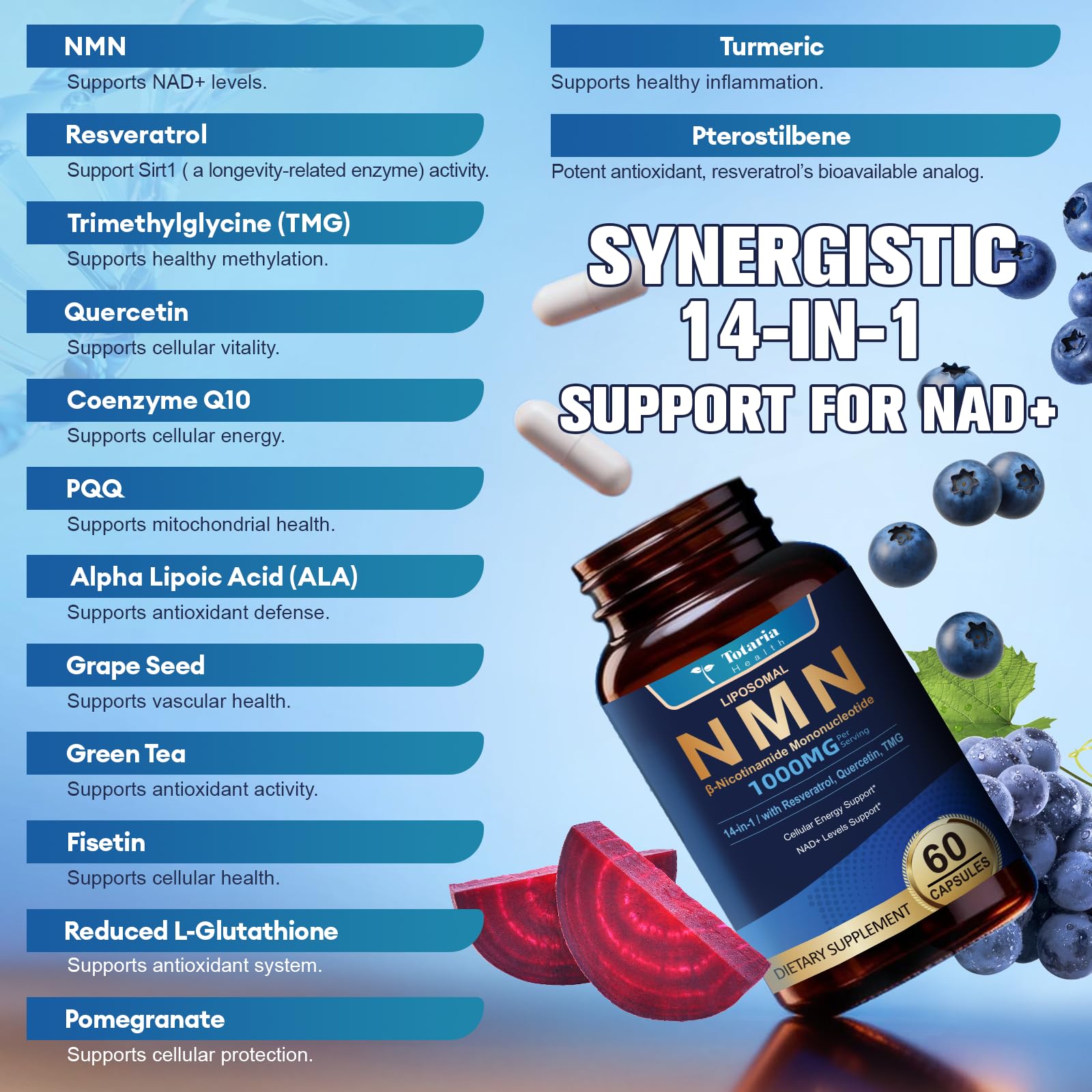 Totaria Liposomal NMN Supplement 1000mg, 14-in-1 NMN Resveratrol Complex with CoQ10, TMG, Quercetin, ALA, PQQ, Support NAD Levels, Cellular Energy & Healthy Aging, 60 Capsules, cGMP, Filler Free Totaria uk supplements