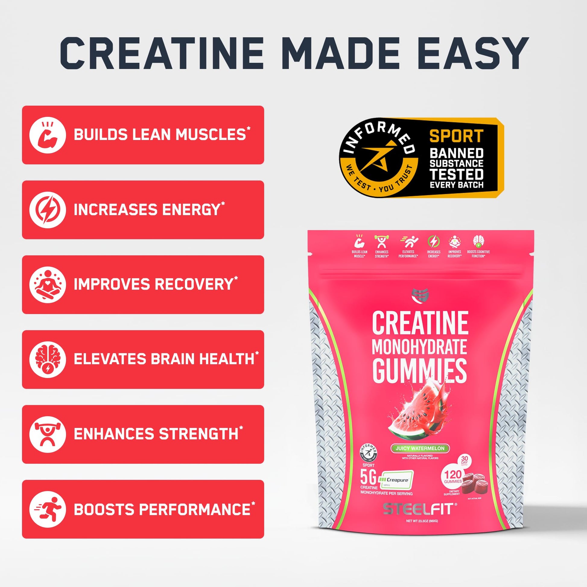 SteelFit Creapure Creatine Monohydrate Gummies for Men & Women, Juicy Watermelon - Gym Workout Nutritional Supplements for Muscle Gain, Brain Health & Strength Building Dietary Supplement, 120 Gummies SteelFit uk supplements