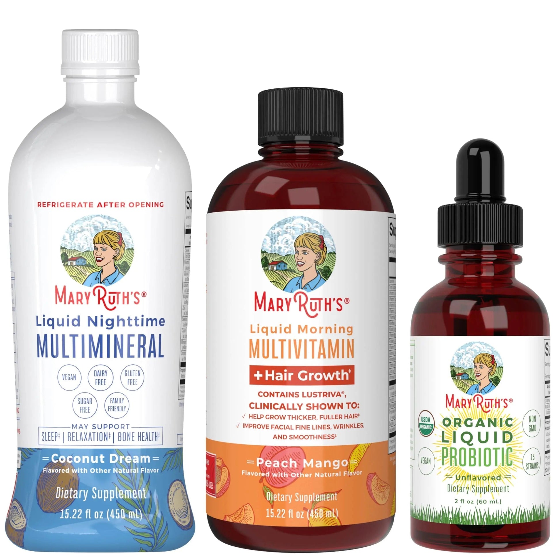 MaryRuth's Morning Multivitamin +Hair Growth (Peach Mango, 15oz), Nighttime Multimineral (Coconut, 15oz) & Probiotic Drops (2oz) | MARYRUTH'S uk supplements