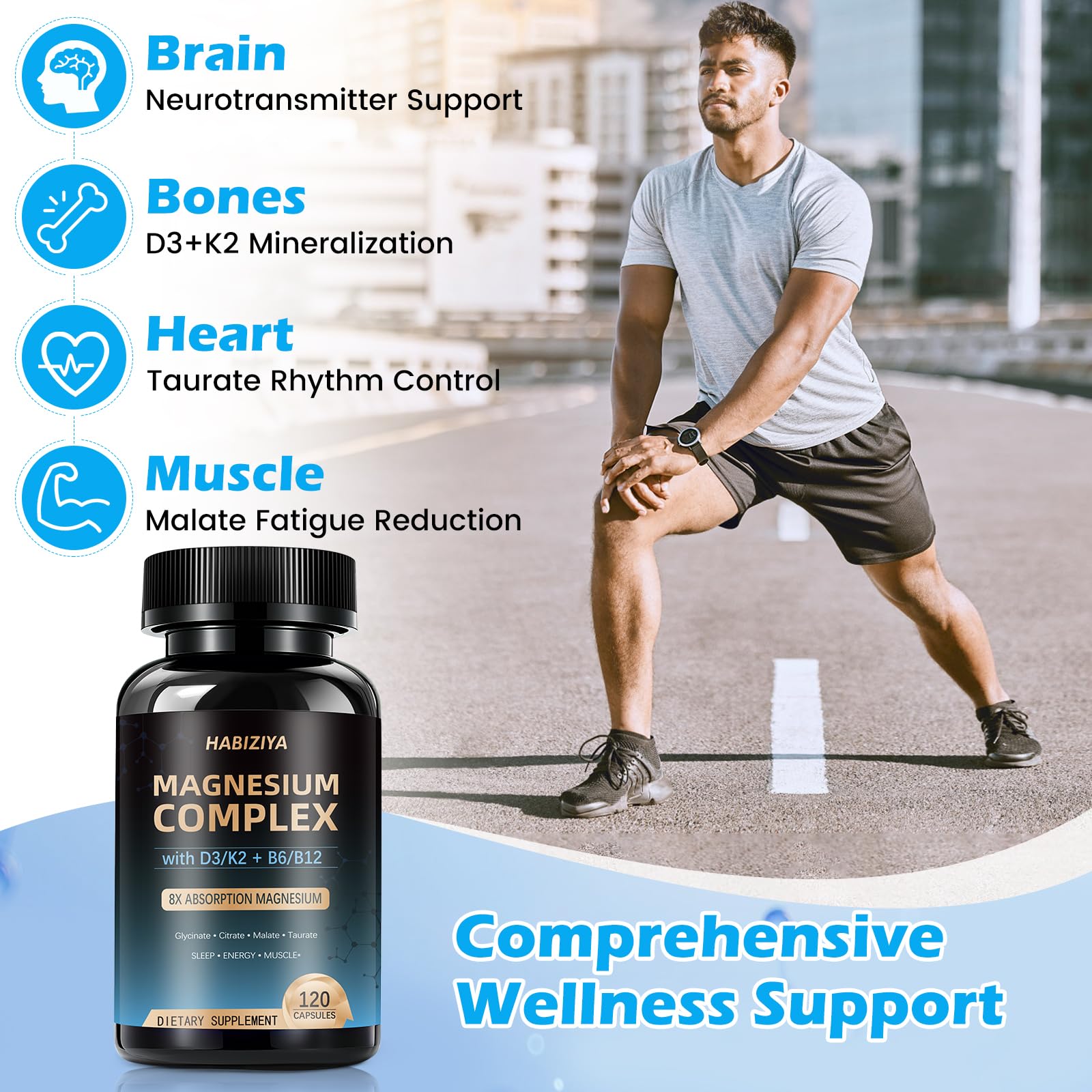 Magnesium Complex Supplement 600mg with with D3 K2 MK7 & B Vitamins High Absorption Capsules with Glycinate, Citrate & Malate,Taurate Relaxation,Muscle,Heart Support, Vegan 120 Capsules HABIZIYA uk supplements