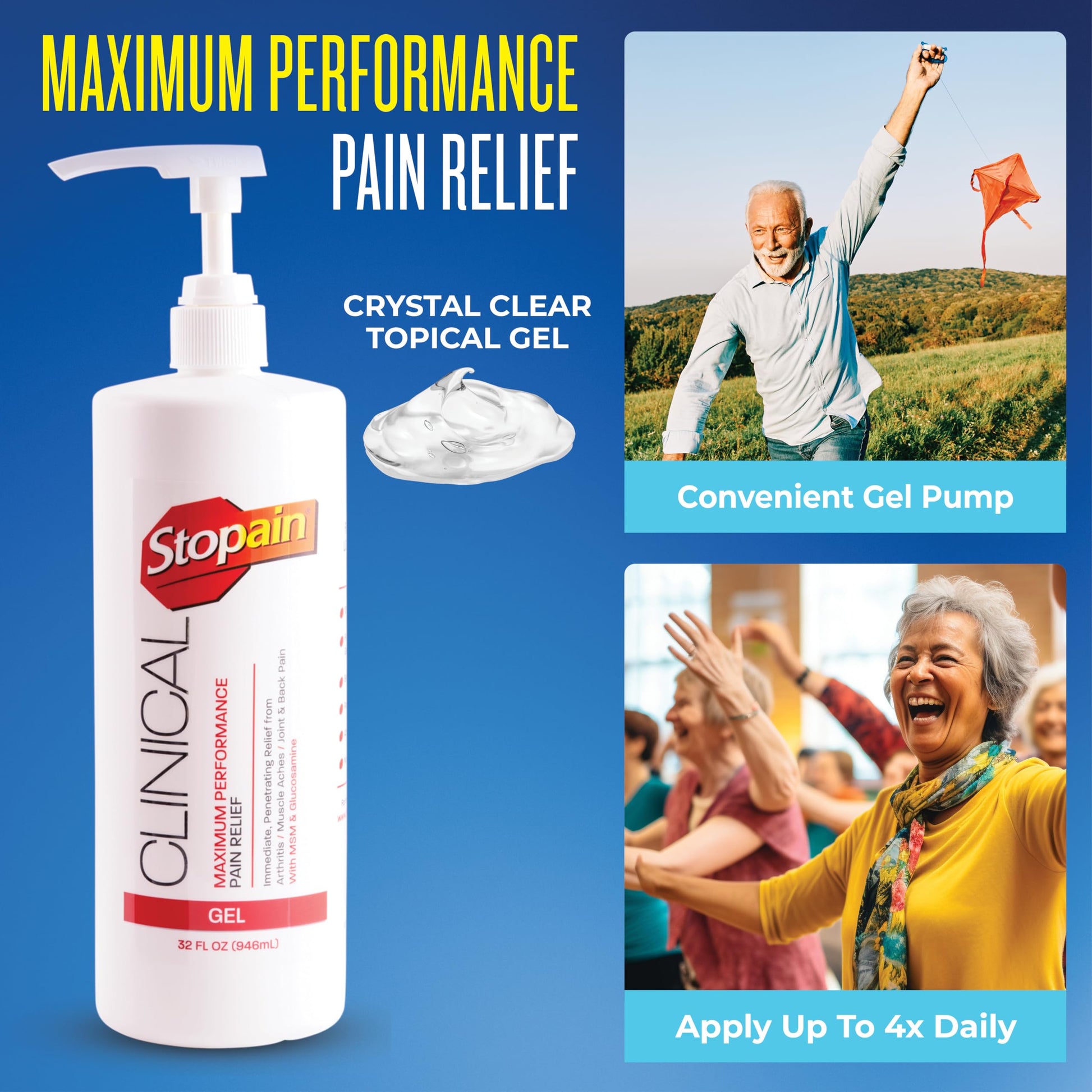 Stopain Clinical Pain Relief Gel 32 oz - Professional Formula for Arthritis, Knee, Back & Muscle Pain - Maximum Strength Gel for Joint & Nerve Pains with 10% Menthol Plus Glucosamine - Made in USA Stopain uk supplements
