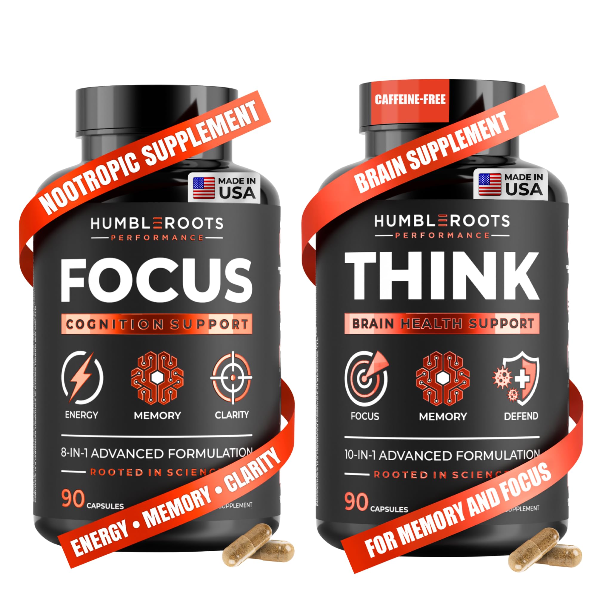 FOCUS + THINK Nootropic Brain Supplement Bundle - Energy, Memory & Focus Support - Caffeine + Caffeine-Free Cognitive Stack with Lion's Mane, Bacopa, Citicoline & L-Theanine - 2 Bottles (90 + 90 Capsu HUMBLEROOTS PERFORMANCE uk supplements