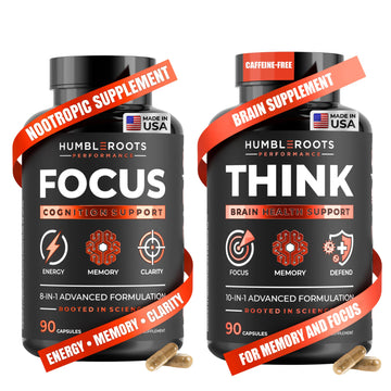 FOCUS + THINK Nootropic Brain Supplement Bundle - Energy, Memory & Focus Support - Caffeine + Caffeine-Free Cognitive Stack with Lion's Mane, Bacopa, Citicoline & L-Theanine - 2 Bottles (90 + 90 Capsu HUMBLEROOTS PERFORMANCE uk supplements