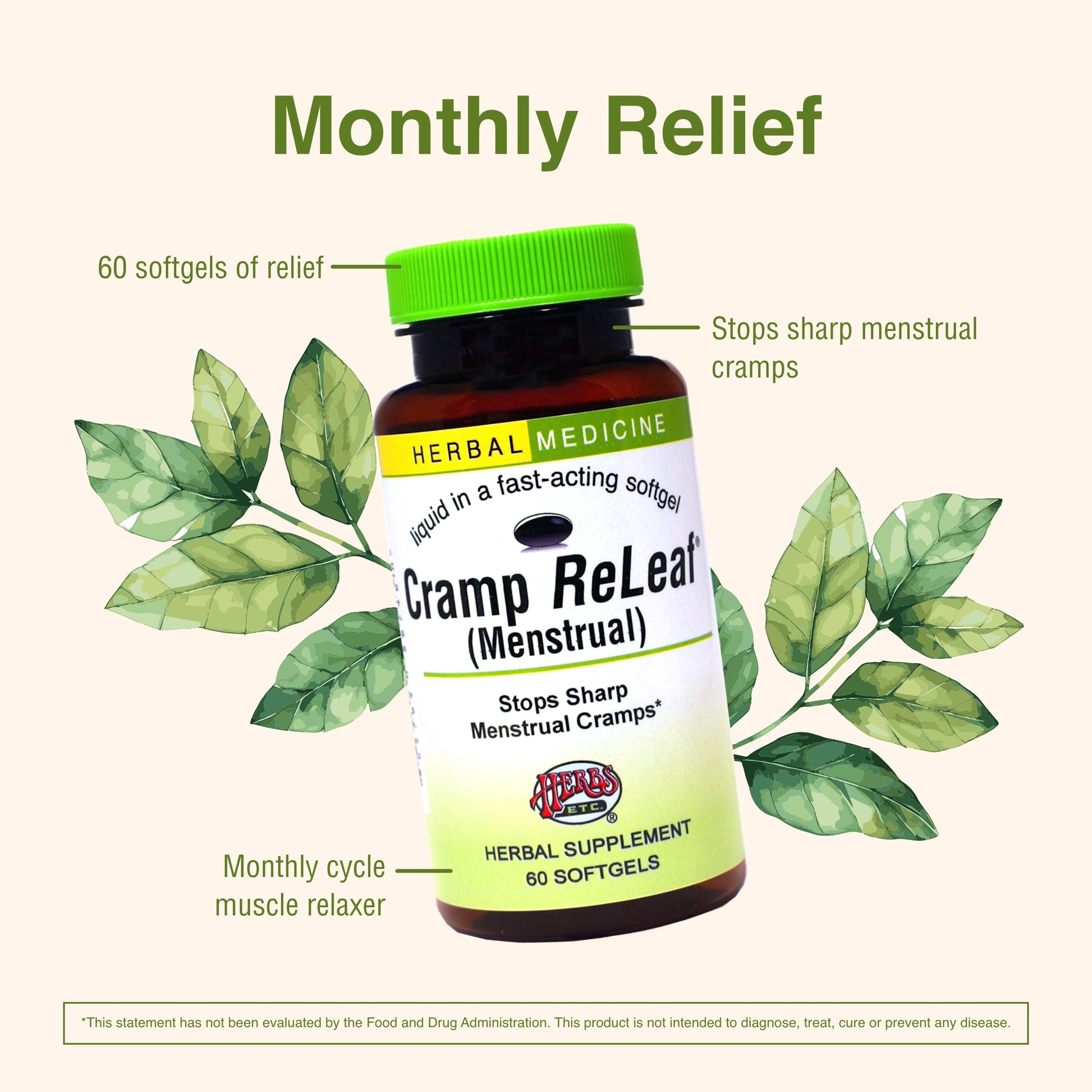 Herbs Etc. Cramp ReLeaf (Menstrual) - Abdominal Muscle Support - Herbal Supplement to Aid Menstrual Health - Period Cramp Support with Black Haw, Cramp Bark and Bethroot - 60 Softgels (60 Servings) Herbs Etc. uk supplements