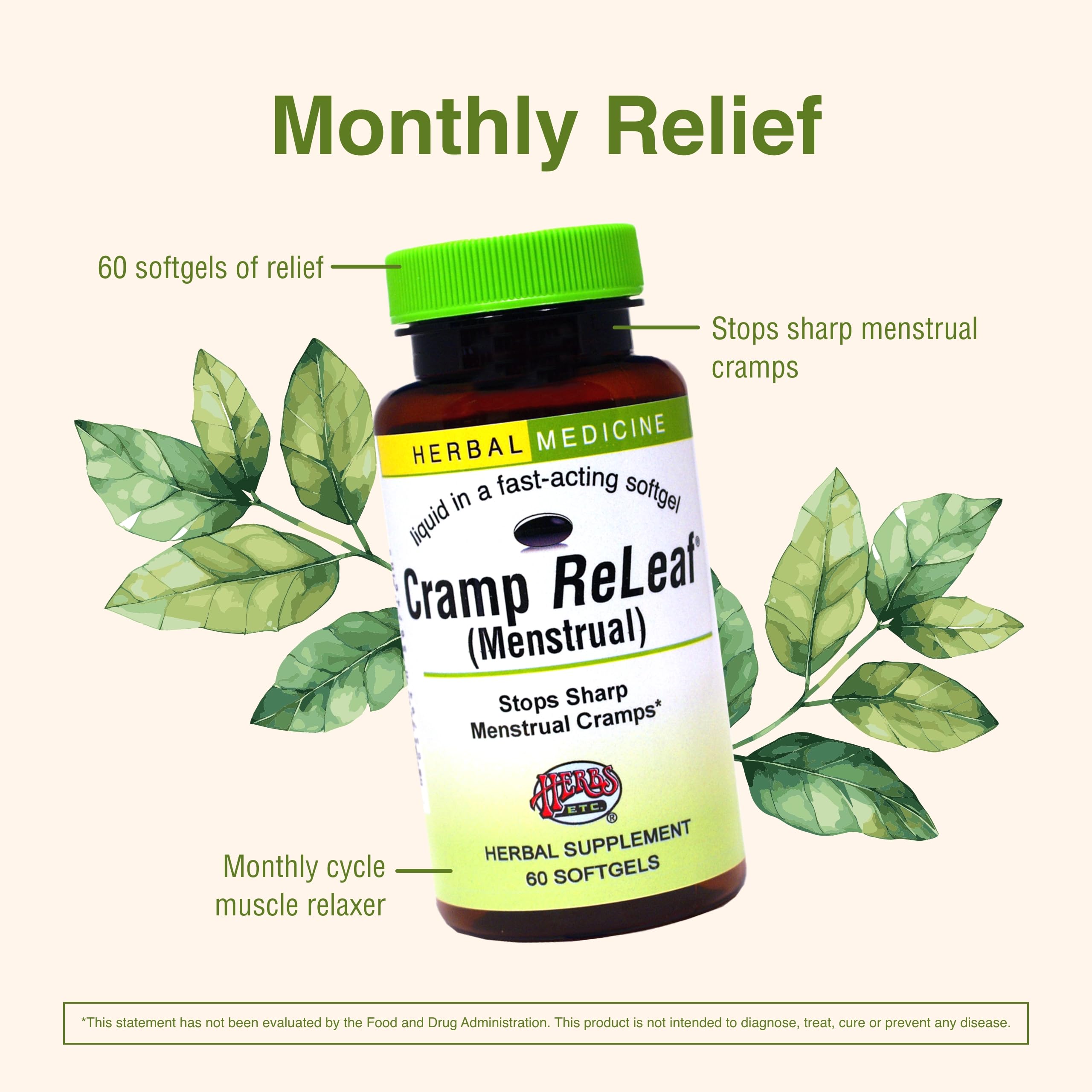 Herbs Etc. Cramp ReLeaf (Menstrual) - Abdominal Muscle Support - Herbal Supplement to Aid Menstrual Health - Period Cramp Support with Black Haw, Cramp Bark and Bethroot - 60 Softgels (60 Servings) Herbs Etc. uk supplements