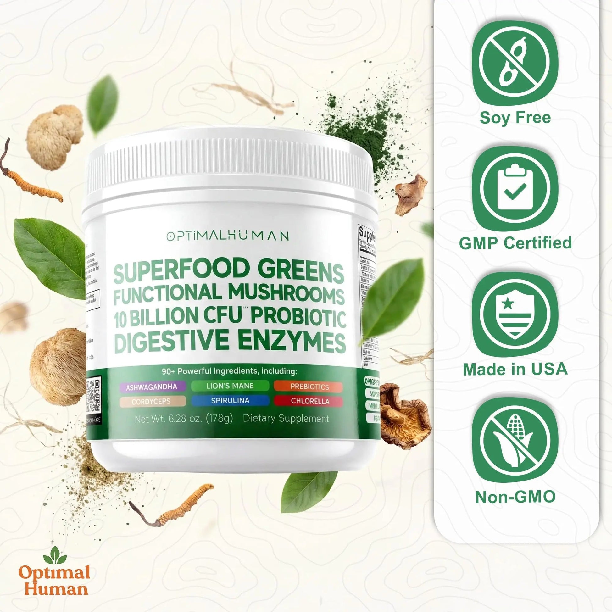 Optimal Human Superfood Greens Powder – 90+ Ingredient Blend with Lion’s Mane Supplement, Ashwagandha & Turmeric O H uk supplements