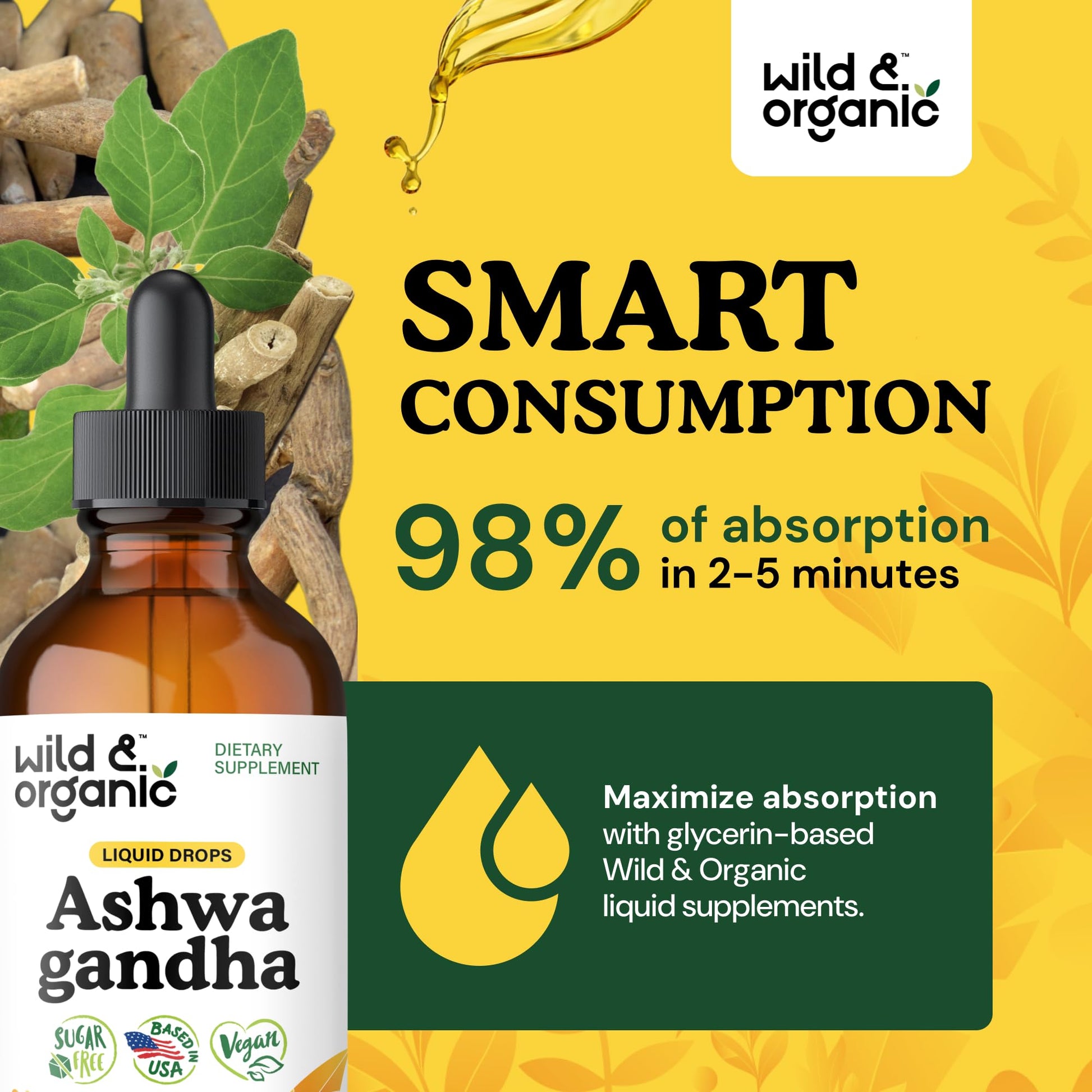 Wild & Organic Ashwagandha Drops - Mood Support & Positive Energy - 500 mg Ashwagandha for Women & Men - Add to Tea Liquid Extract for Relaxation - Non-GMO, Sugar & Alcohol-Free Tincture - 4 fl oz Wild & Organic uk supplements