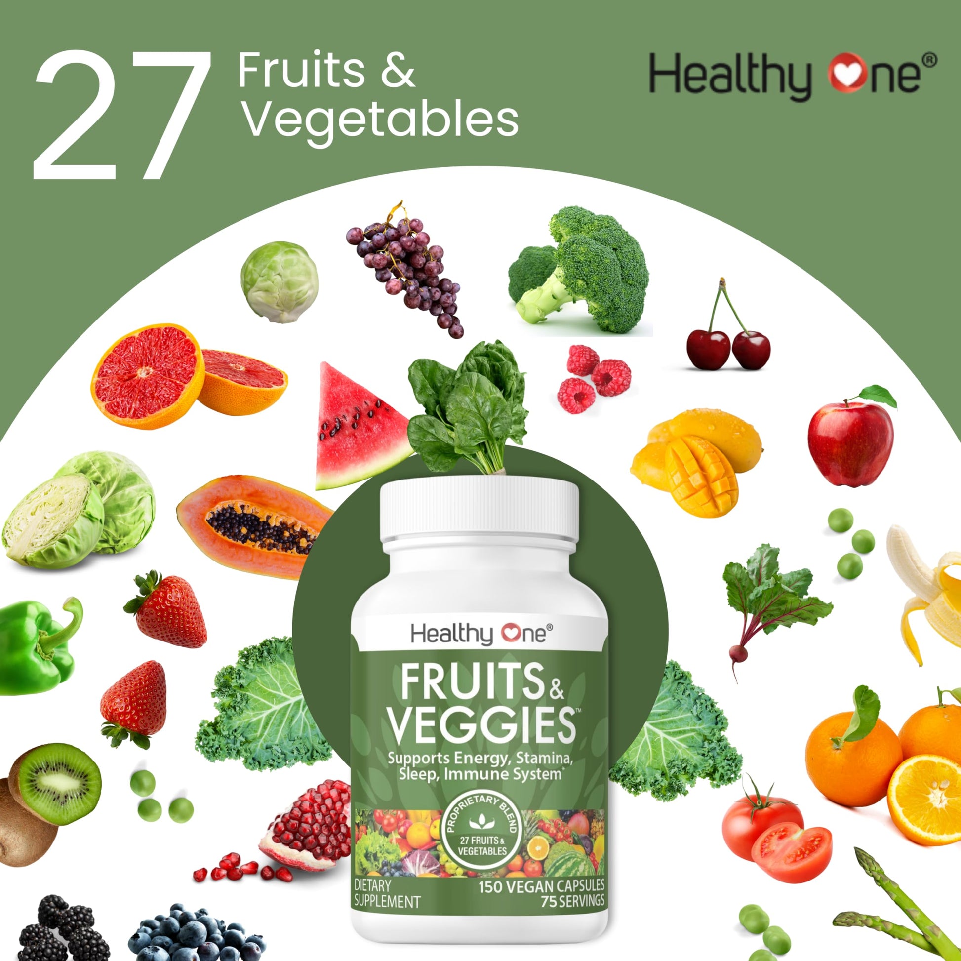 Fruits & Veggies Formula - 27 Premium Whole Foods - Organic Ingredients - Equals 3 Servings of Fruits & Vegetables - Improve Energy, Focus & Immune Function - Fiber - Antioxidants - 120ct (60 Serv) Healthy One uk supplements