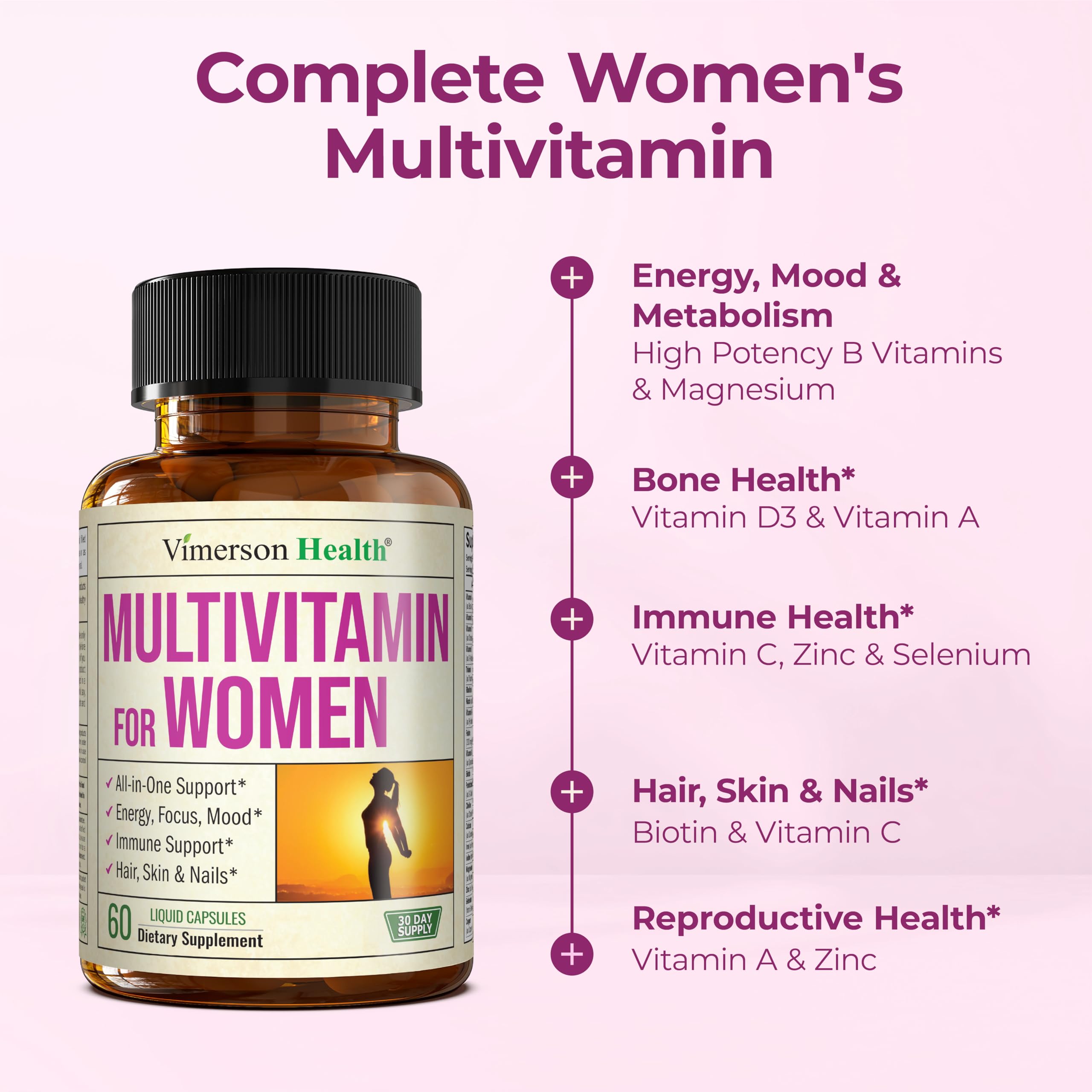 Multivitamin for Women with Bioavailable Vitamins, Minerals, Vitamin D, B12, C, A & Zinc for Energy, Focus and Immune Health – Premium Womens Multivitamins & Multiminerals – 60 Liquid Caps Vimerson Health uk supplements