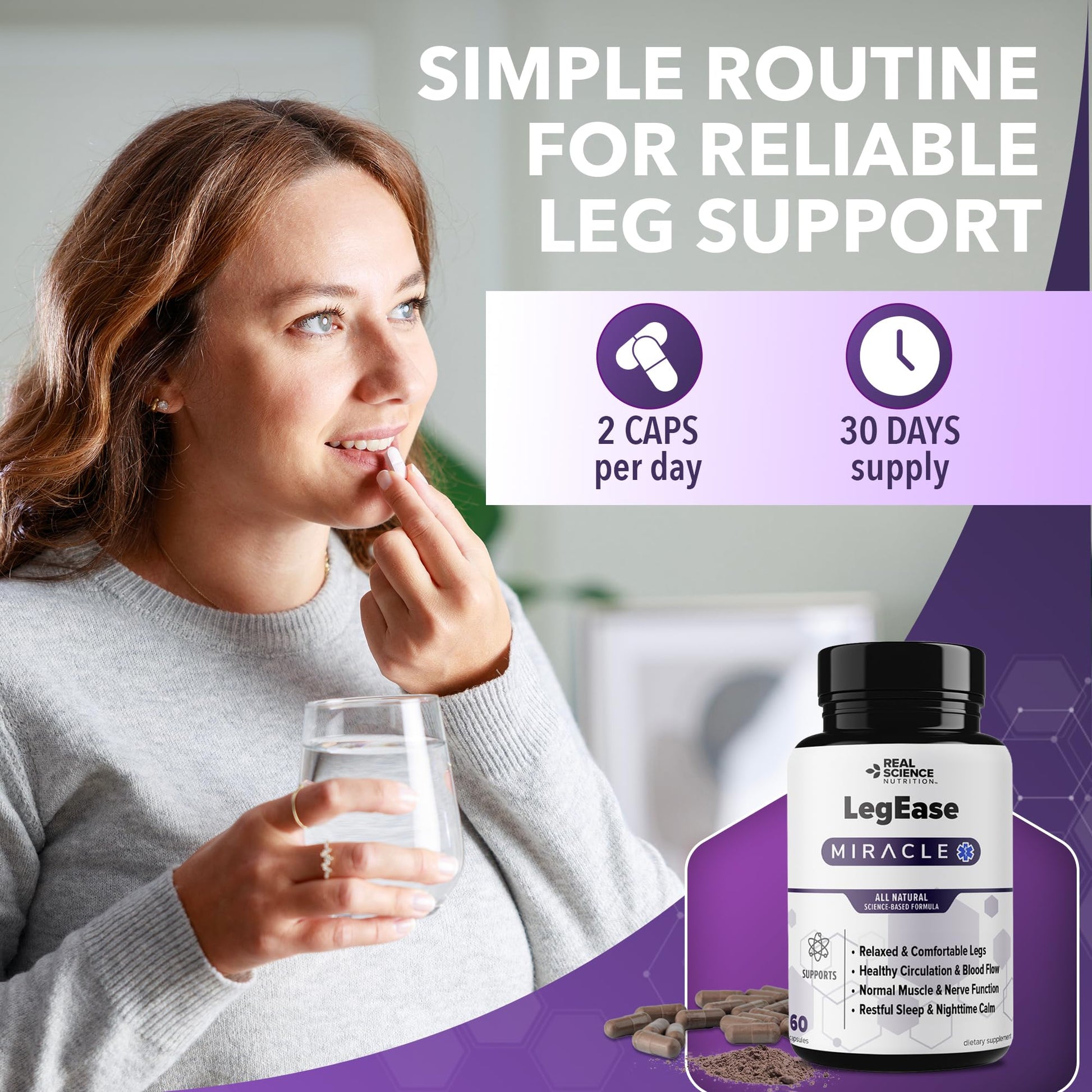 Real Science LegEase Miracle – All Natural Restless Legs Syndrome Relief & Leg Cramp Supplement with Vitamins C, D, K, B6, B12 + Nitric Oxide Support – Sleep & Circulation Aid – Made in USA, 60 Caps Real Science Nutrition uk supplements