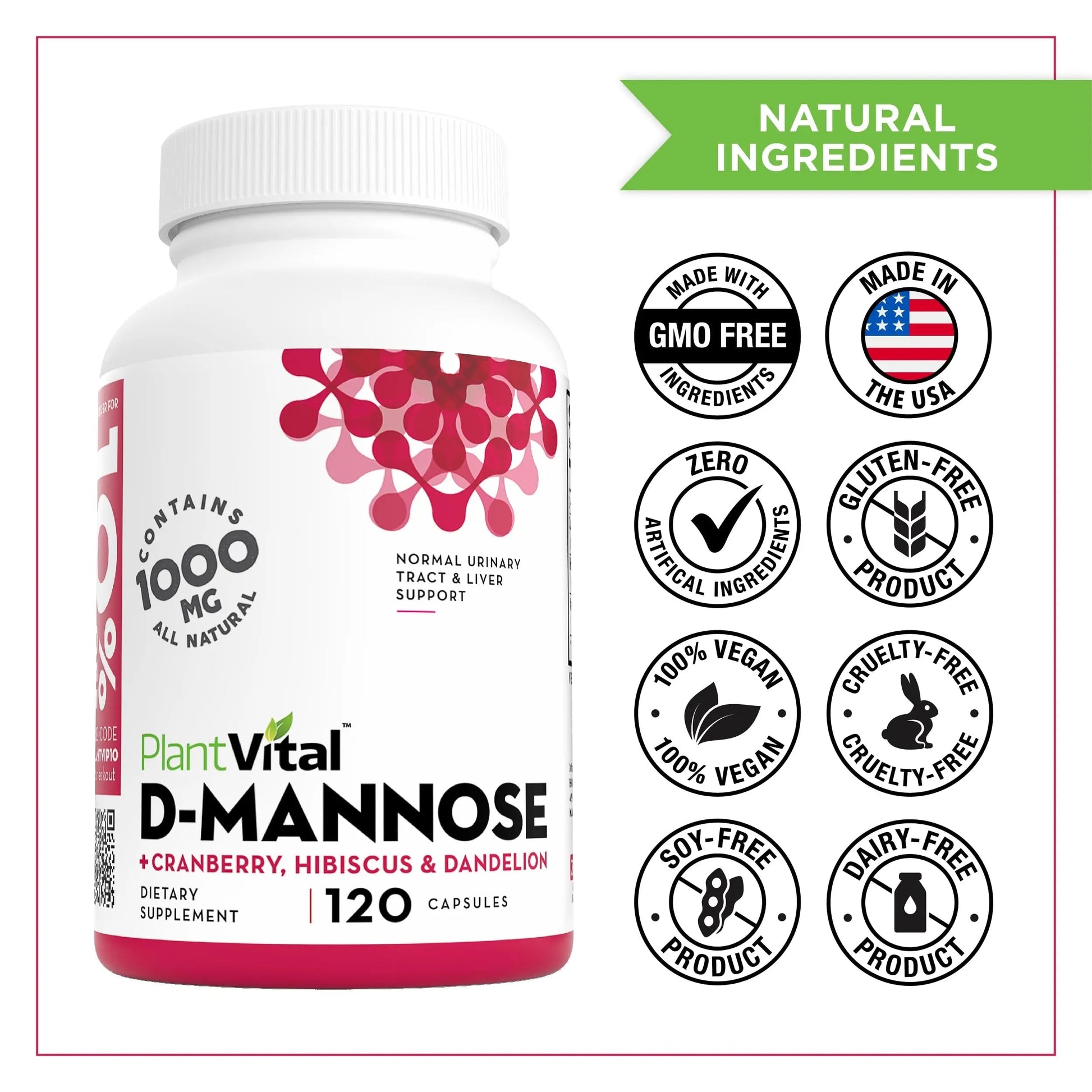 Plantvital D Mannose Capsules with Cranberry - D-mannose 1000mg Capsules - High Potency for Bladder, Kidney and Urinary Tract Support. Cranberry Powder with Hibiscus and Dandelion. 2 Months Supply Plantvital uk supplements
