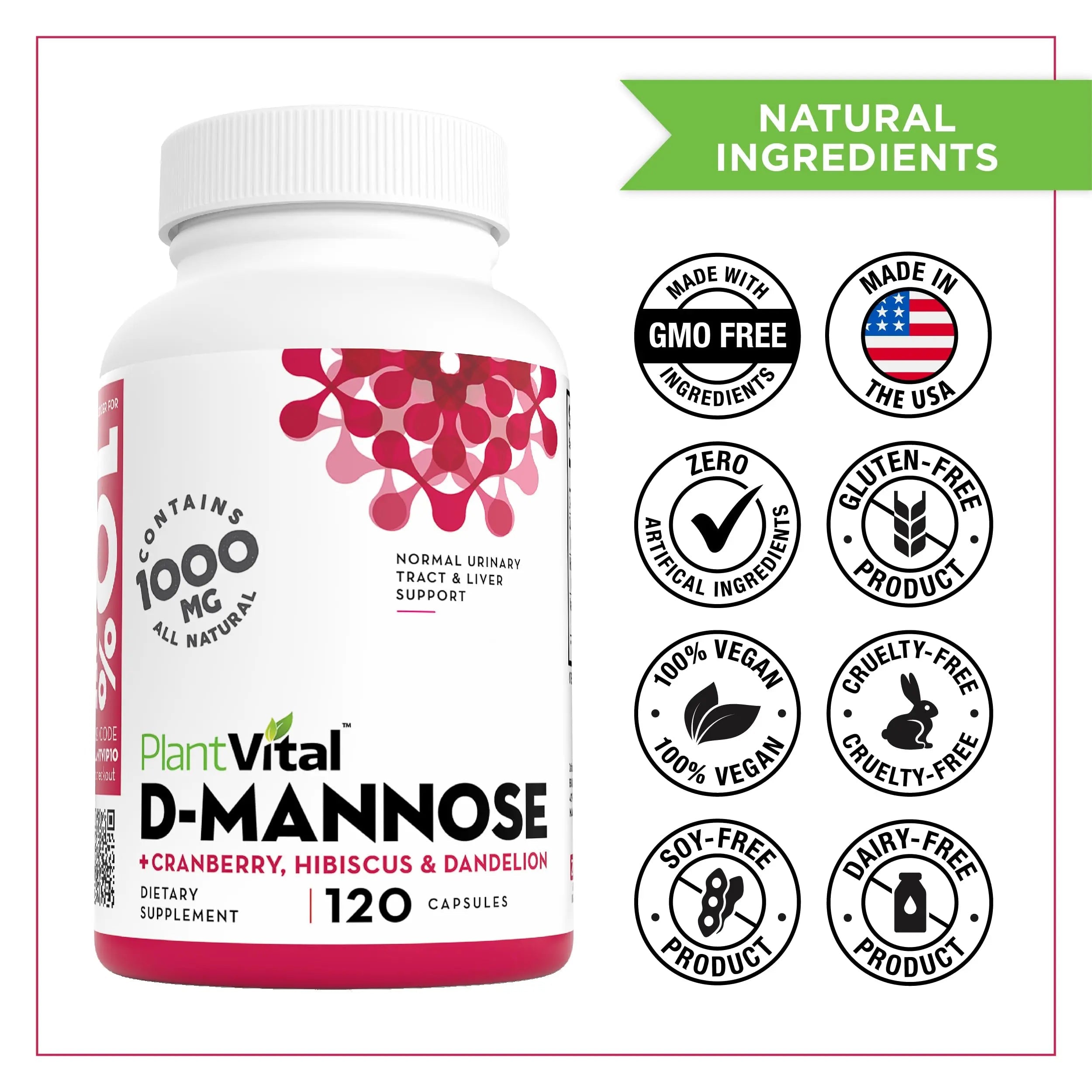Plantvital D Mannose Capsules with Cranberry - D-mannose 1000mg Capsules - High Potency for Bladder, Kidney and Urinary Tract Support. Cranberry Powder with Hibiscus and Dandelion. 2 Months Supply Plantvital uk supplements