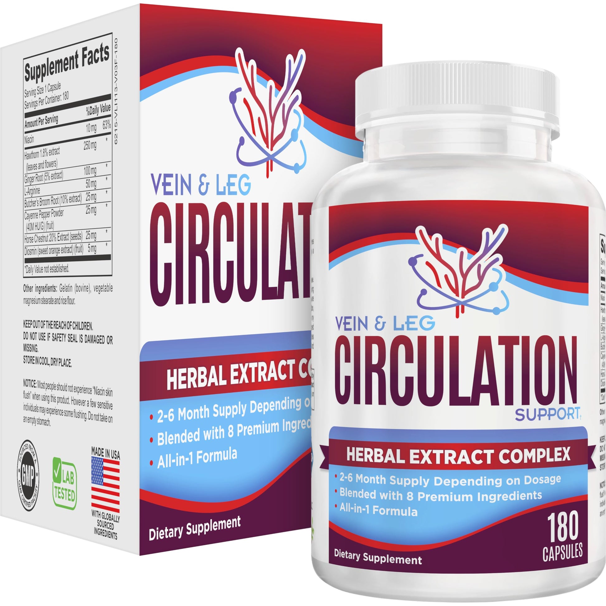 Vein & Leg Circulation (2-Month) Support Supplement with 8 Active Ingredients in 1 Formula | Leg + Vein | Blood Circulation Support Supplements | 60-Day Bulk Supply | 180 Capsules Elevate Recovery Supplements uk supplements