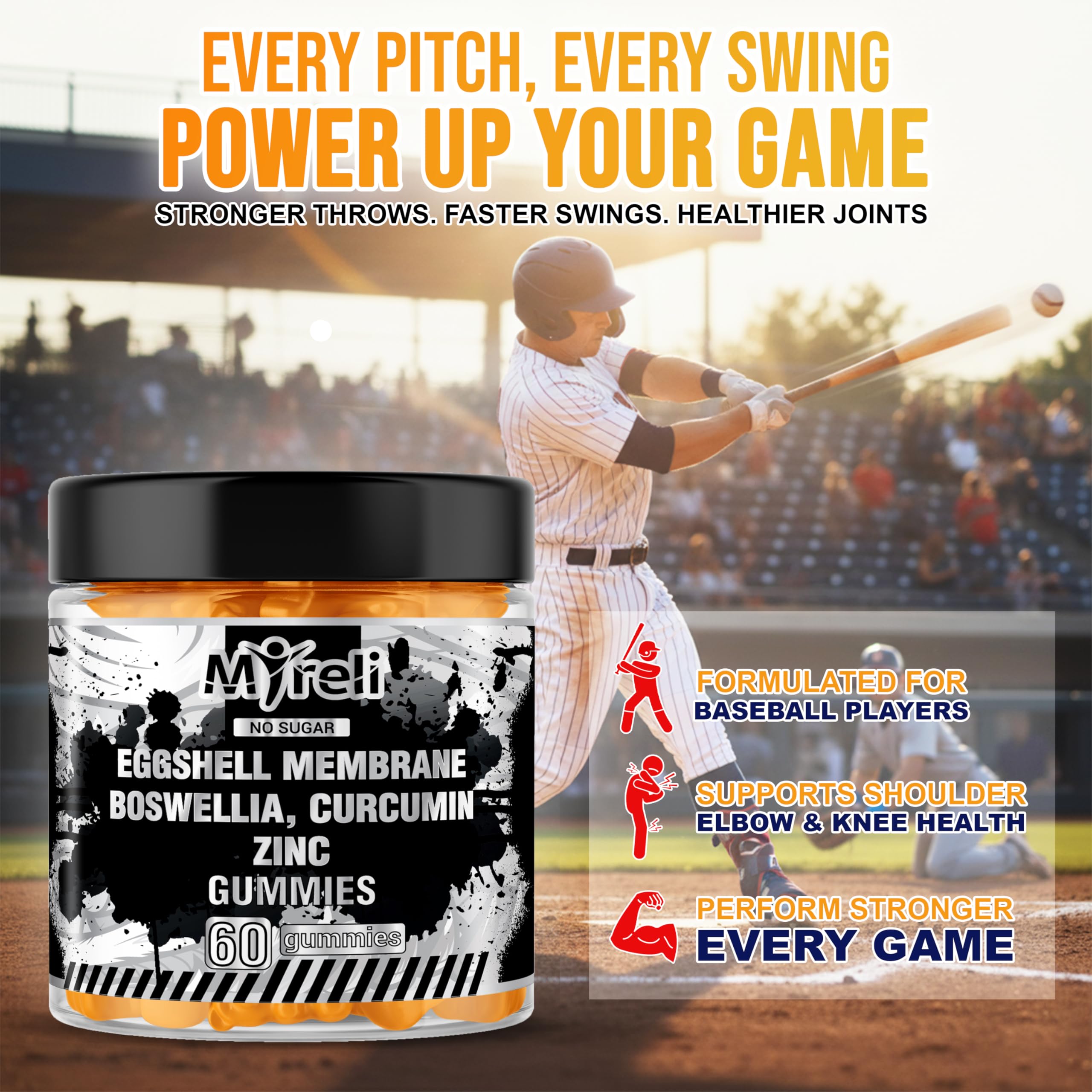 MYRELI Eggshell Membrane 400mg, Boswellia 300mg, Curcumin 250mg & Zinc 20mg Gummies - Baseball Athlete Joint Support, Flexibility, Recovery, Antioxidant, Energy, Endurance - Vegan, Non-GMO, 60 Gummies MYRELI uk supplements