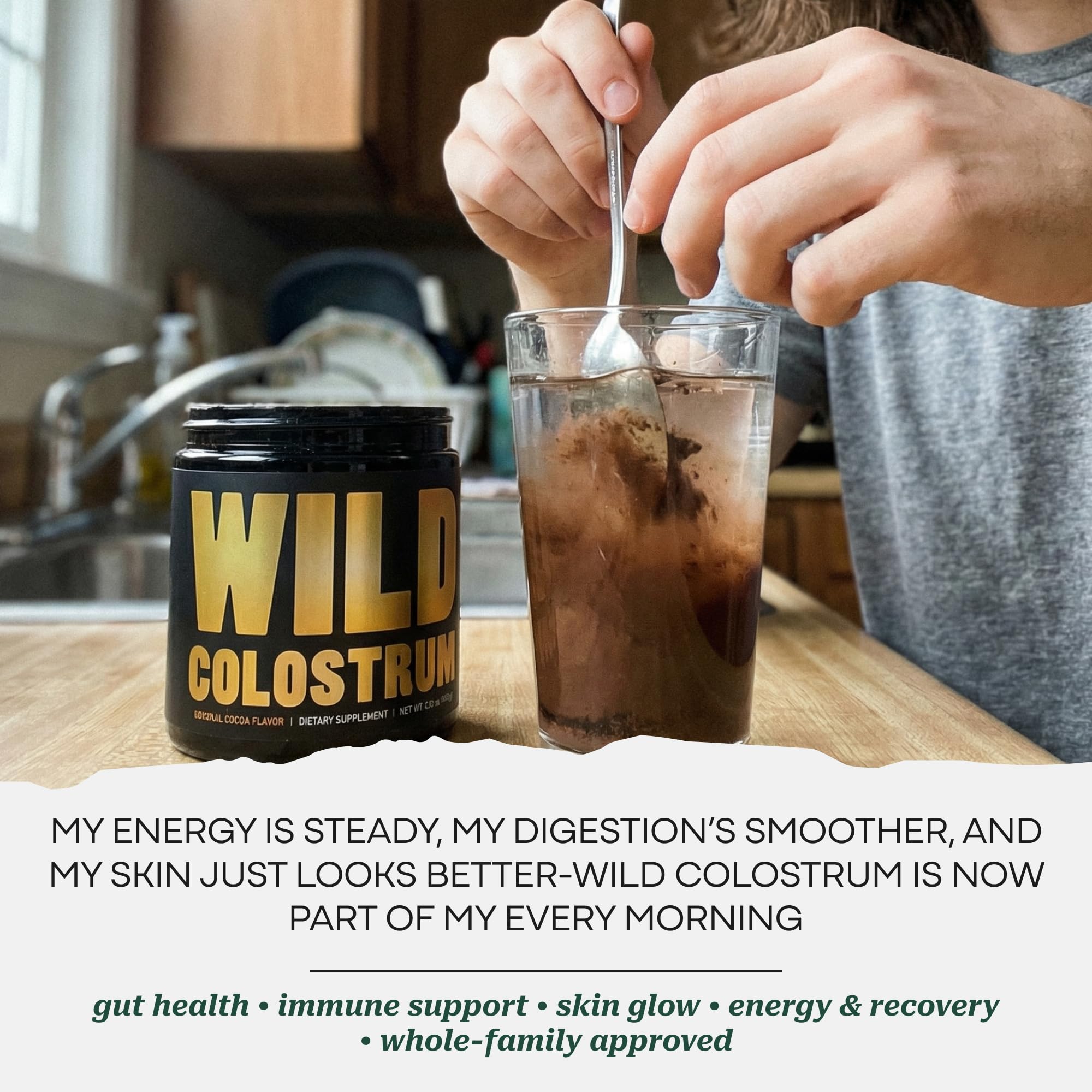 Colostrum Supplement - Grass Fed Pure Bovine Colostrum Powder - 2000mg & 400mg IgG (calostro bovino) - Gut, Immunity, Skin, Hair Support - Sugar Free, Natural Cacao Flavour, 30 Servings Wild Foods uk supplements