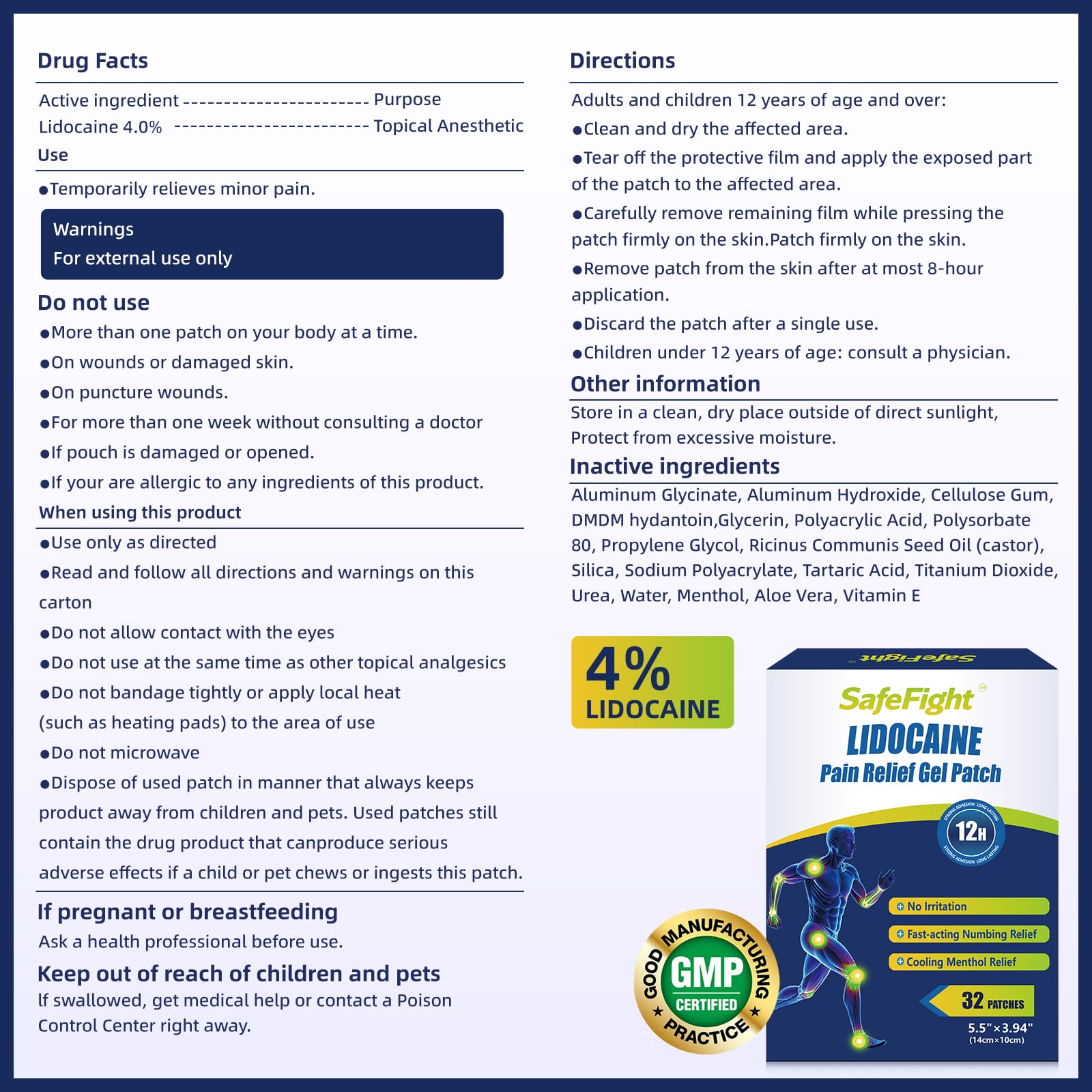 SafeFight 4% Lidocaine Pain Relief Patches 32 Count - Maximum Strength Relief for Back, Neck, Shoulder, Joint & Muscle Pain, Add Menthol, 12 Hour Long Lasting Relief Pains SafeFight uk supplements