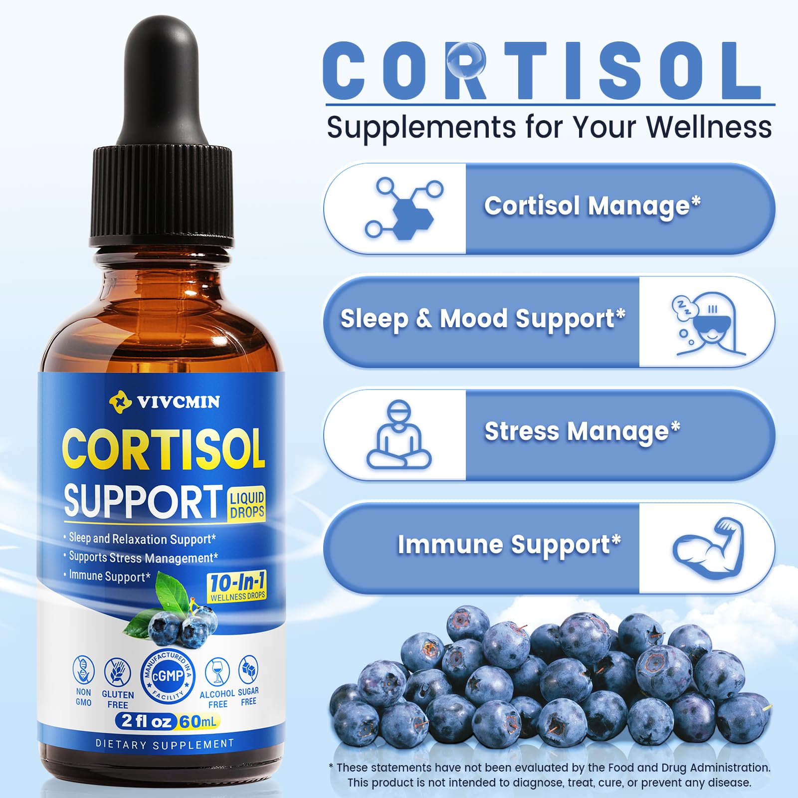 vivcmin 10 in 1 Cortisol Supplements for Women & Men, Cortisol Reducer with Ashwagandha, Magnesium, L-Theanine, Hormone Balance Drops - Sleep & Mood Support, 2 Fl Oz, Blueberry Flavor vivcmin uk supplements