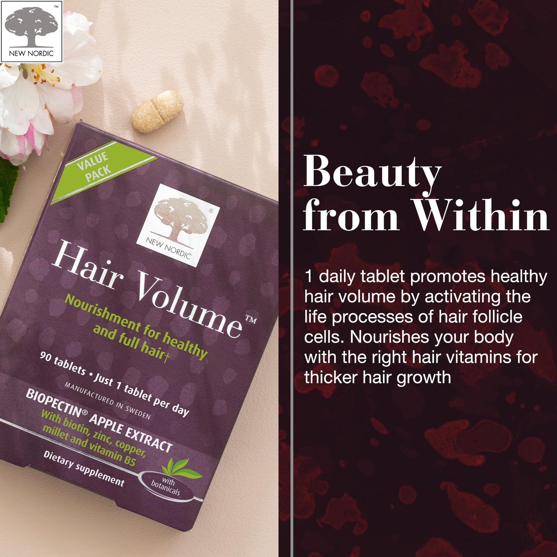 NEW NORDIC Hair Volume Tablets, 3000 mcg Biotin & Biopectin Apple Extract, Hair Vitamins to Support Natural Hair Growth, 90 Count (Pack of 1) NEW NORDIC uk supplements