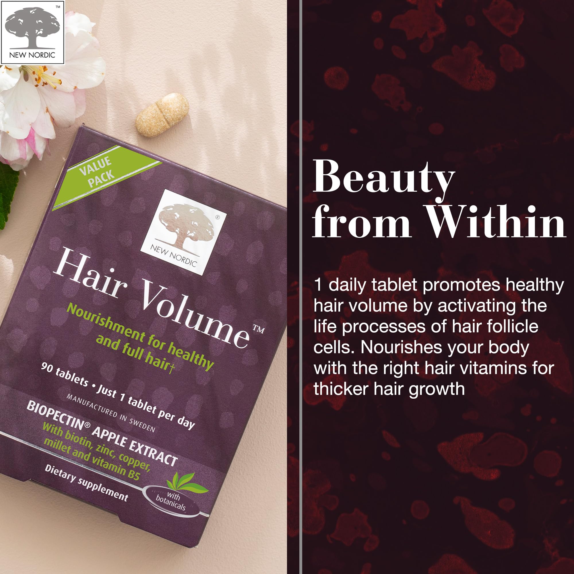 NEW NORDIC Hair Volume Tablets, 3000 mcg Biotin & Biopectin Apple Extract, Hair Vitamins to Support Natural Hair Growth, 90 Count (Pack of 1) NEW NORDIC uk supplements