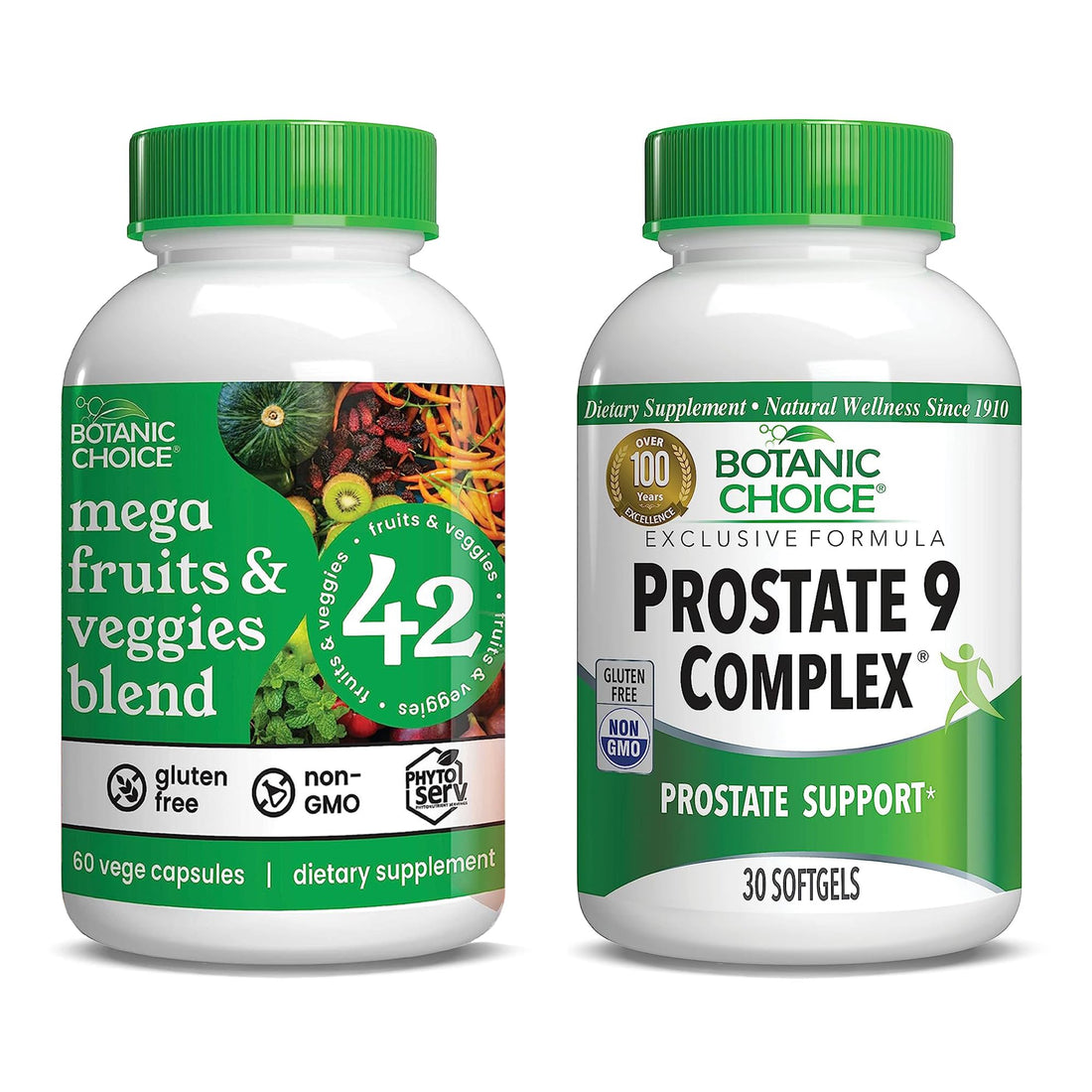 Botanic Choice Mega Fruits and Veggies Blend (60 Capsules) + Prostate 9 Complex (30 Softgels) Bundle - Energy Balance & Superfood Supplement + Urinary Flow & Cellular Health Botanic Choice uk supplements