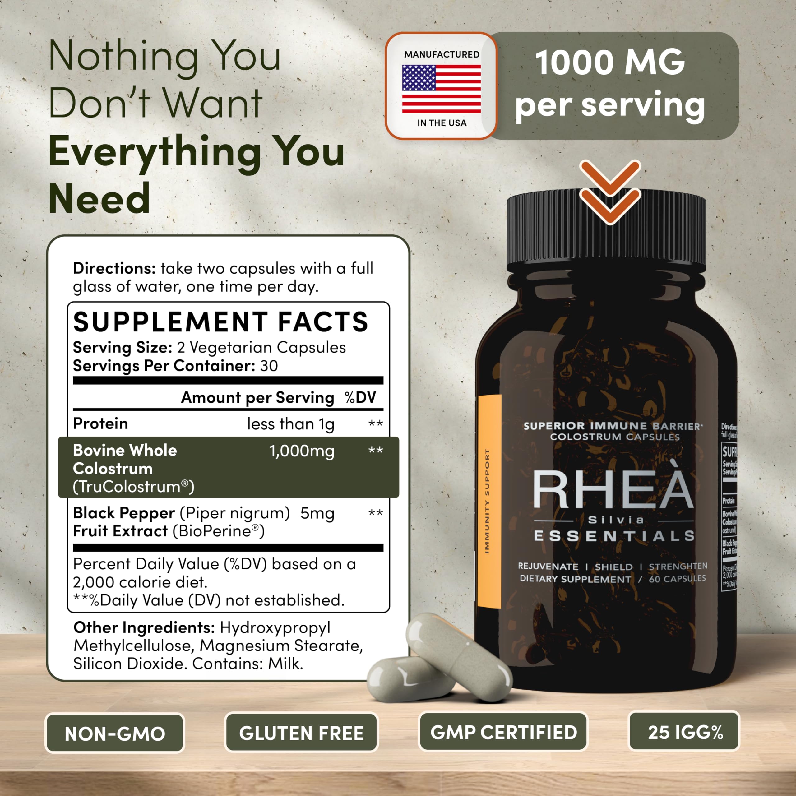 Rhea Bovine Colostrum Supplement for Women, Colostrum Capsules for Gut Health, Digestion, Bloating, Beauty, Immune Support, Bovine Colostrum for Humans, Colostrum Pills (60caps) RHEASILVIA uk supplements