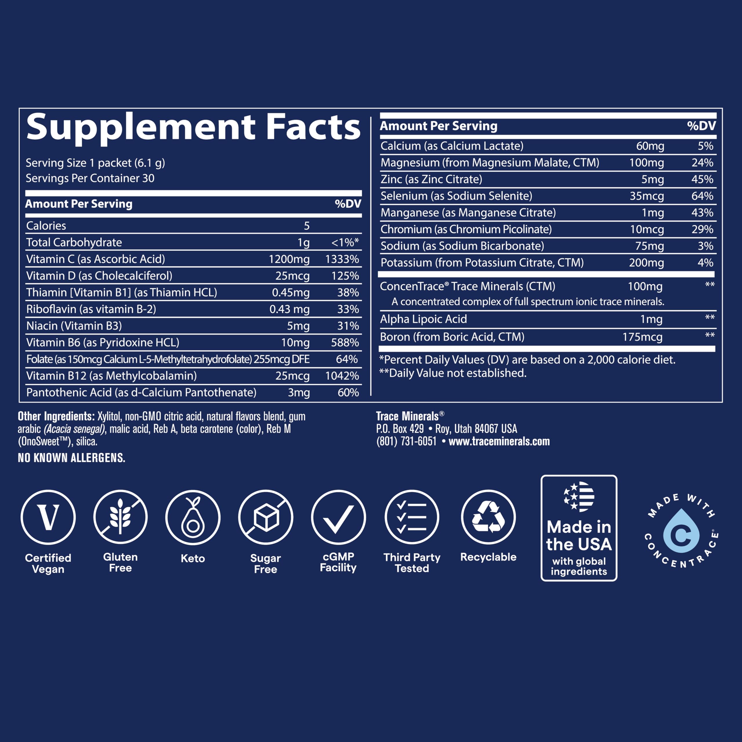 Trace Minerals Power Pak Multivitamin and Multimineral Packets - Electrolyte Support - 1200 mg Vitamin C plus 70+ Trace Minerals - Sugar Free - Orange Mango Flavor - 30 Packets Trace Minerals uk supplements