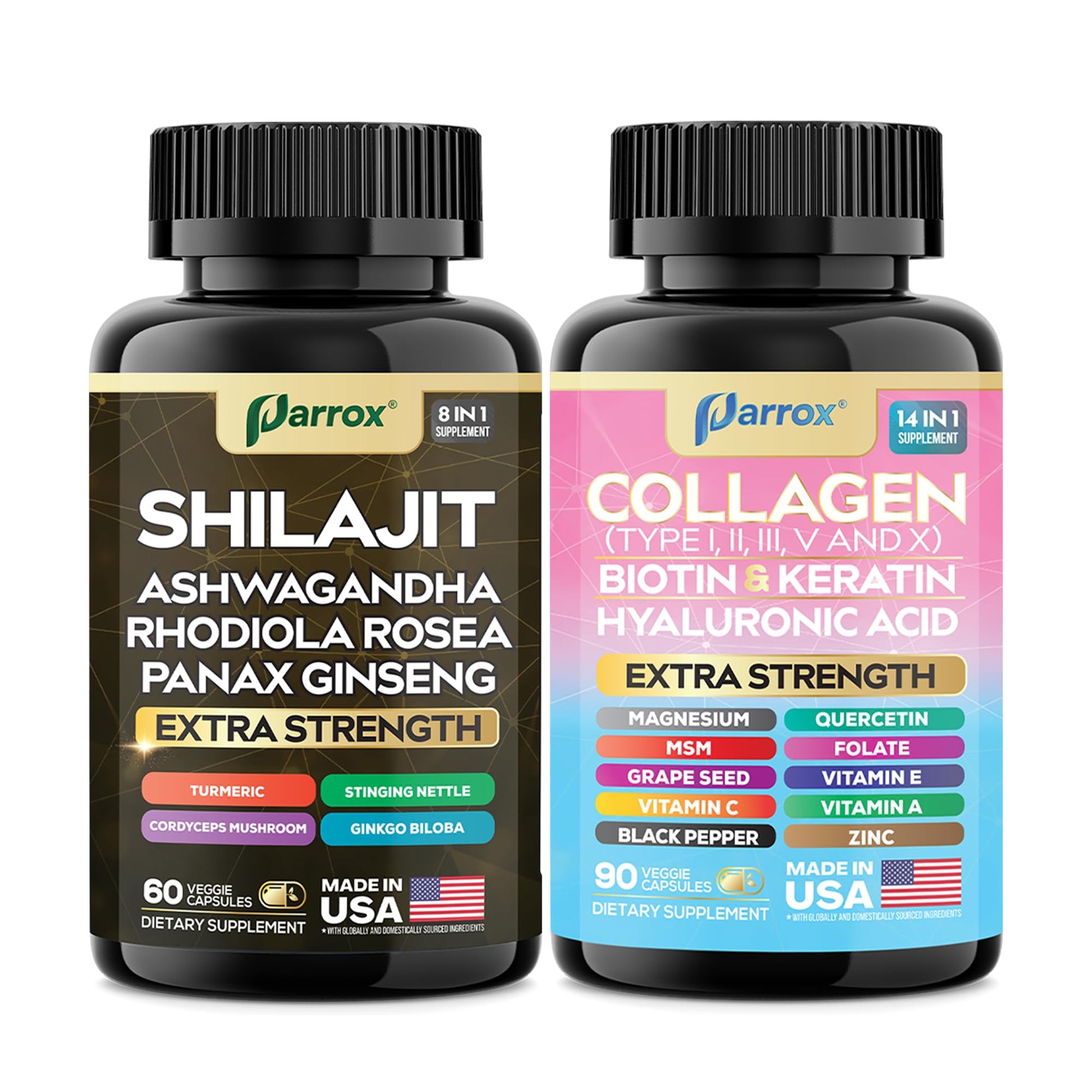 Parrox Adaptogen & Beauty Bundle – Rhodiola, Panax Ginseng, Ashwagandha, Cordyceps, Turmeric, Collagen, Biotin, Keratin, MSM, Hyaluronic Acid, Zinc, Quercetin, Vitamin C, A & E, Folate, Magnesium Parrox uk supplements