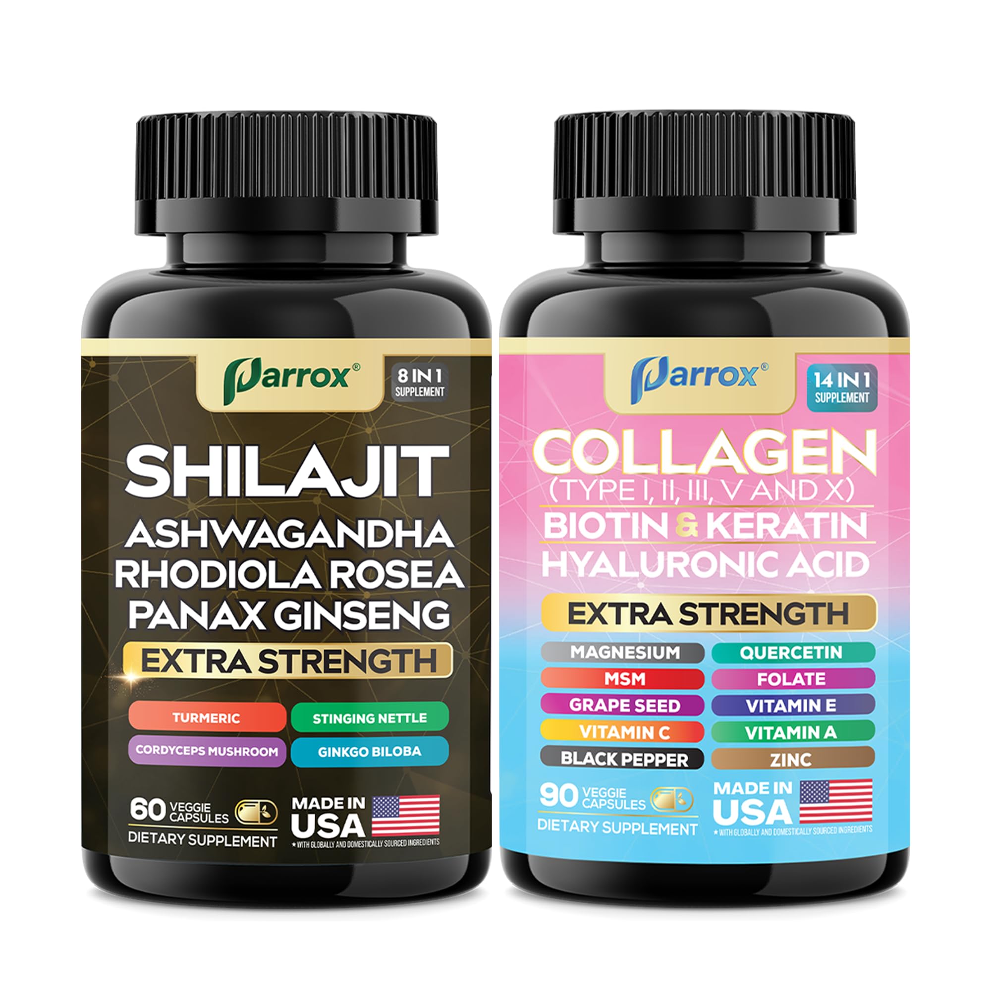 Parrox Adaptogen & Beauty Bundle – Rhodiola, Panax Ginseng, Ashwagandha, Cordyceps, Turmeric, Collagen, Biotin, Keratin, MSM, Hyaluronic Acid, Zinc, Quercetin, Vitamin C, A & E, Folate, Magnesium Parrox uk supplements