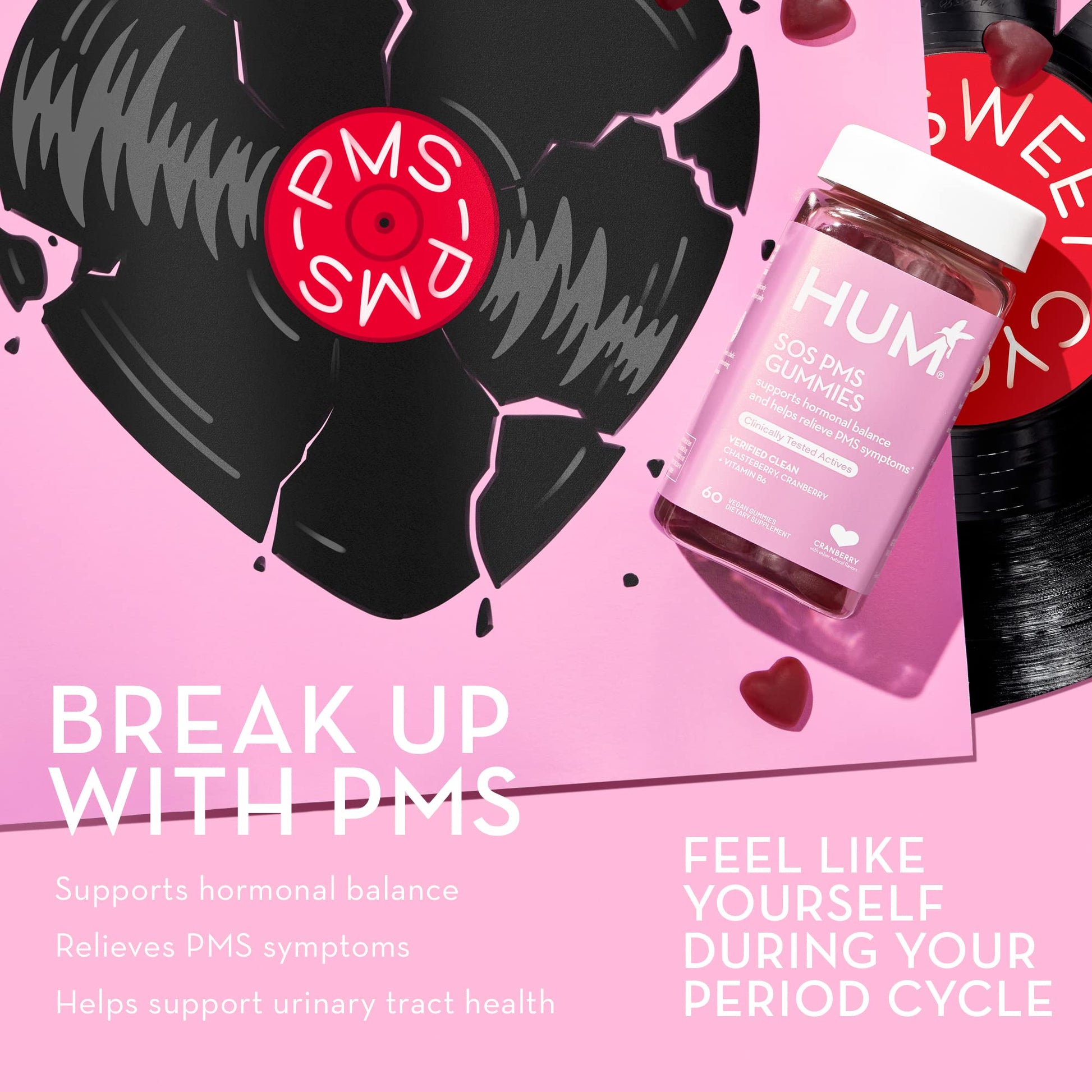 HUM Nutrition SOS PMS Gummies, PMS Support Supplement for Women, Support Cycle Symptoms, Bloating, Hormonal Balance, Includes Vitamin B6, Cranberry & Chasteberry Vitex, Gluten Free, 60 Vegan Gummies HUM uk supplements