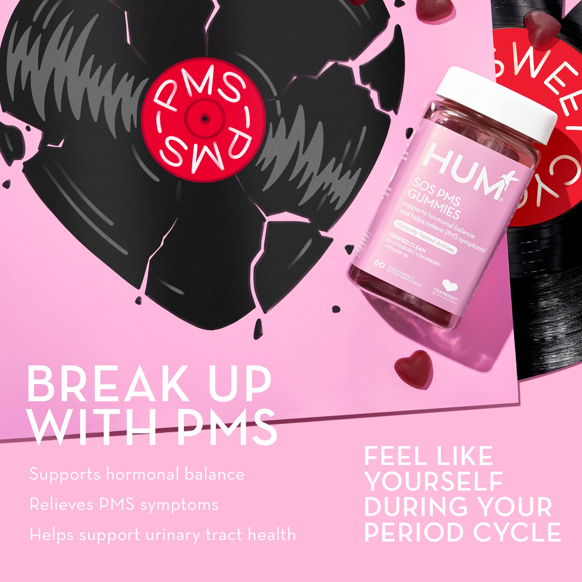 HUM Nutrition SOS PMS Gummies, PMS Support Supplement for Women, Support Cycle Symptoms, Bloating, Hormonal Balance, Includes Vitamin B6, Cranberry & Chasteberry Vitex, Gluten Free, 60 Vegan Gummies HUM uk supplements