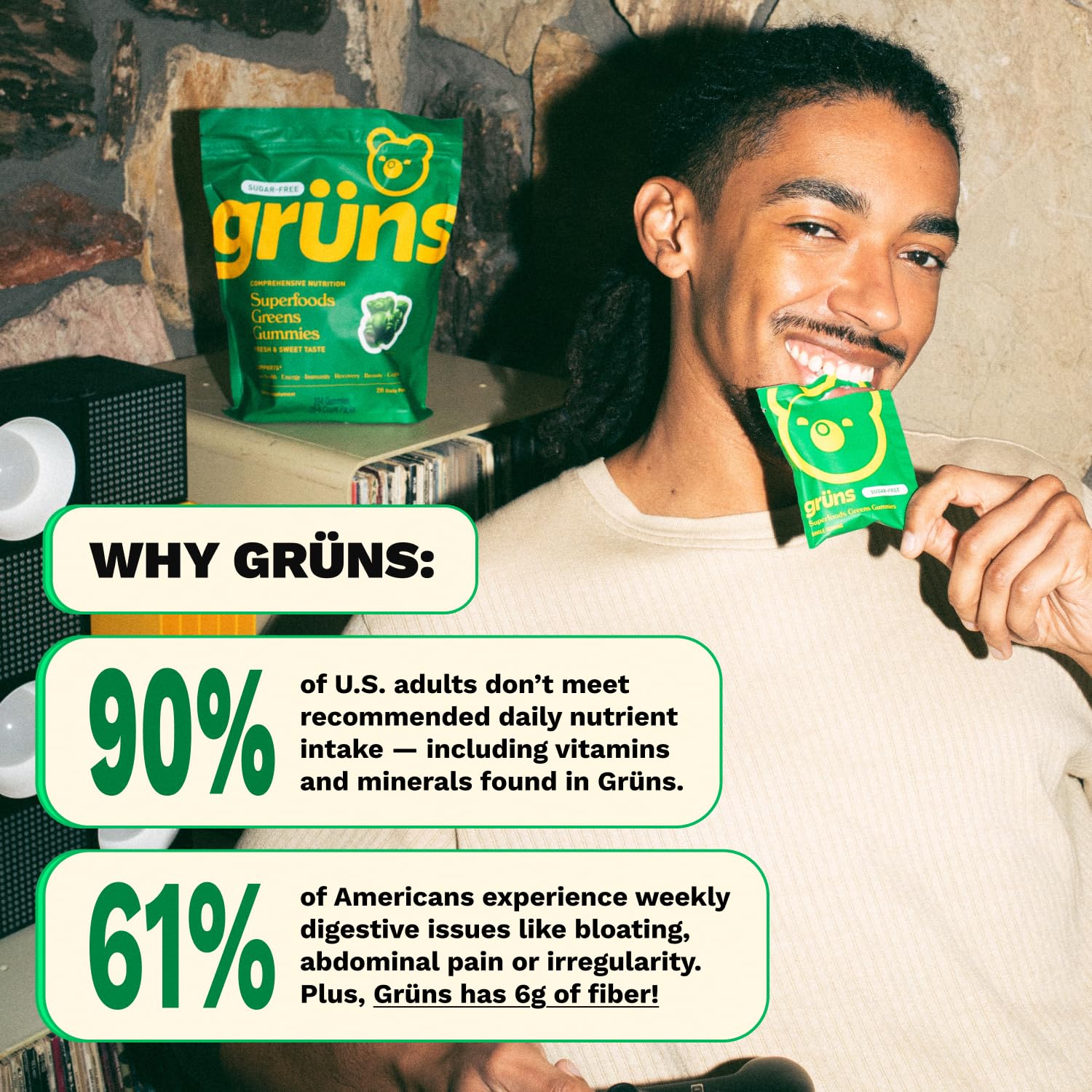 Gruns Adults Super Greens Gummies, Multivitamin Superfood Gummy Bears, Spirulina, Chlorella, Prebiotics & Fiber Gummies for Digestive Health, Adaptogens Supplement, 20 Vitamins & Minerals, 10 Count Grüns uk supplements