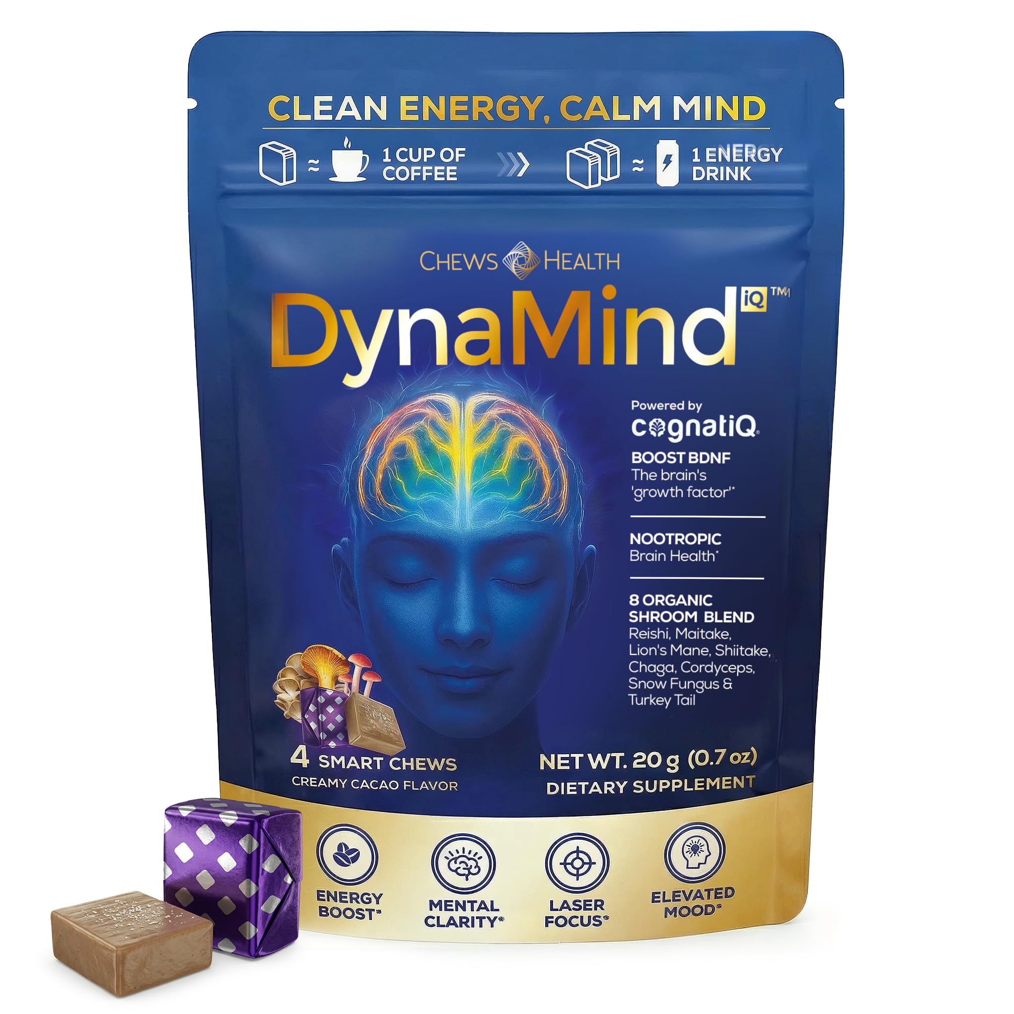 DynaMind iQ Brain Supplement for Memory and Focus for Adults - Nootropic Chews | Coffee Fruit & Mushroom Supplement Blend, Memory Focus Supplement, Caffeine Focus Pills Alternative, 4 Count CHEWSHEALTH uk supplements