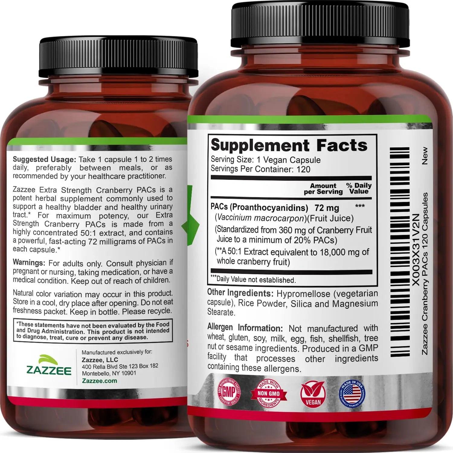 Zazzee Cranberry PACs, 72 mg PACs per Capsule, 2X Strength, 100% Soluble, 120 Vegan Capsules, 50:1 Extract, 18,200 mg Strength, Fast-Acting, Effective Urinary Tract Support, Made in The USA Zazzee uk supplements