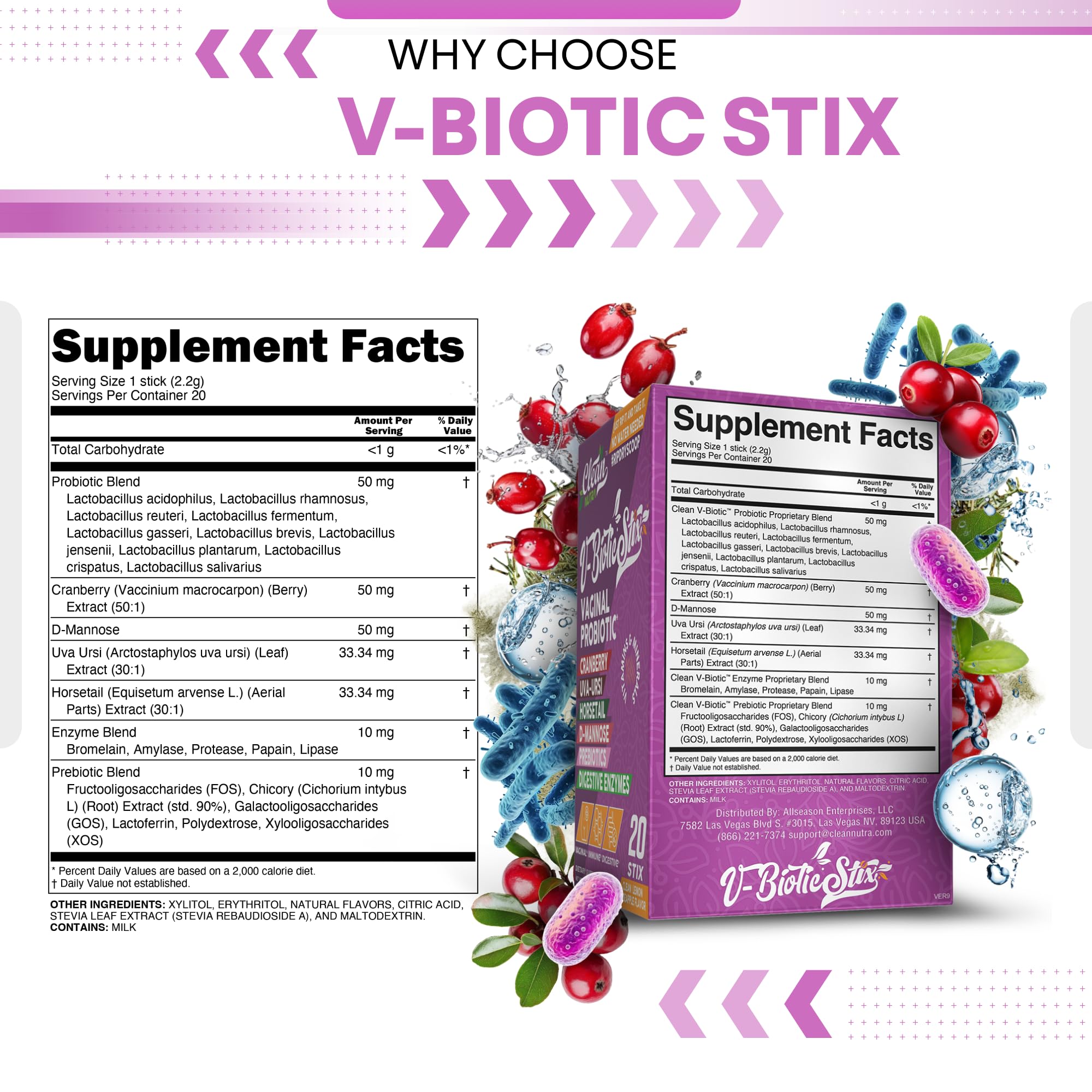 Clean Nutraceuticals Vaginal Probiotics for Women with Cranberry Extract, D-Mannose, Prebiotics, pH Balance for Women, Vaginal Health – Womens Probiotic Alternative to Gummies - 20 Stix Clean Nutraceuticals uk supplements