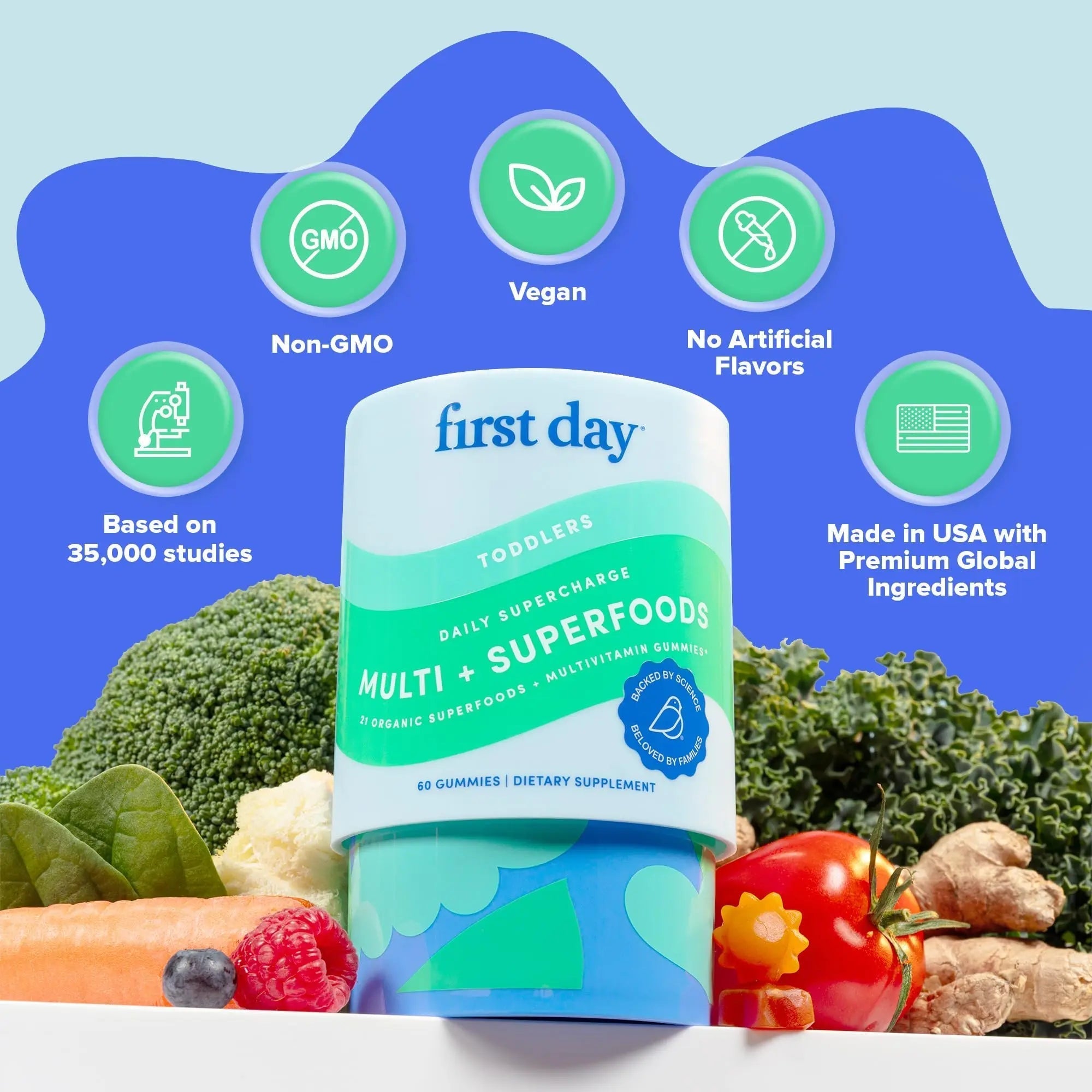 FIRST DAY Toddler Multivitamin Gummies (Ages 2-3)| Kids Multivitamin Gummies with Vitamins A C D3, B2, B12, Choline, Folate and 21 Organic Superfoods| (30 Day Supply) FIRST DAY uk supplements