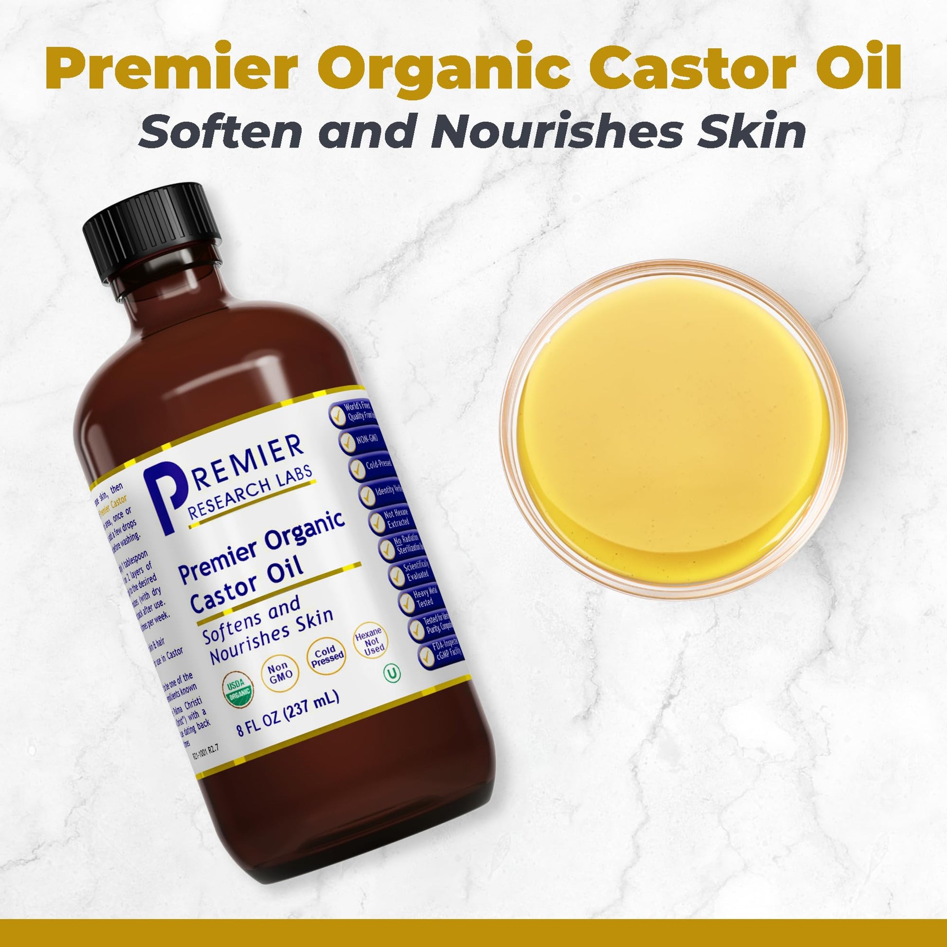 Premier Research Labs Organic Castor Oil for Face - Cold Pressed 100% Pure Castor Oil for Hair Growth, Skin & Body, Hexane Free - 8 Oz Bottle Premier Research Labs uk supplements