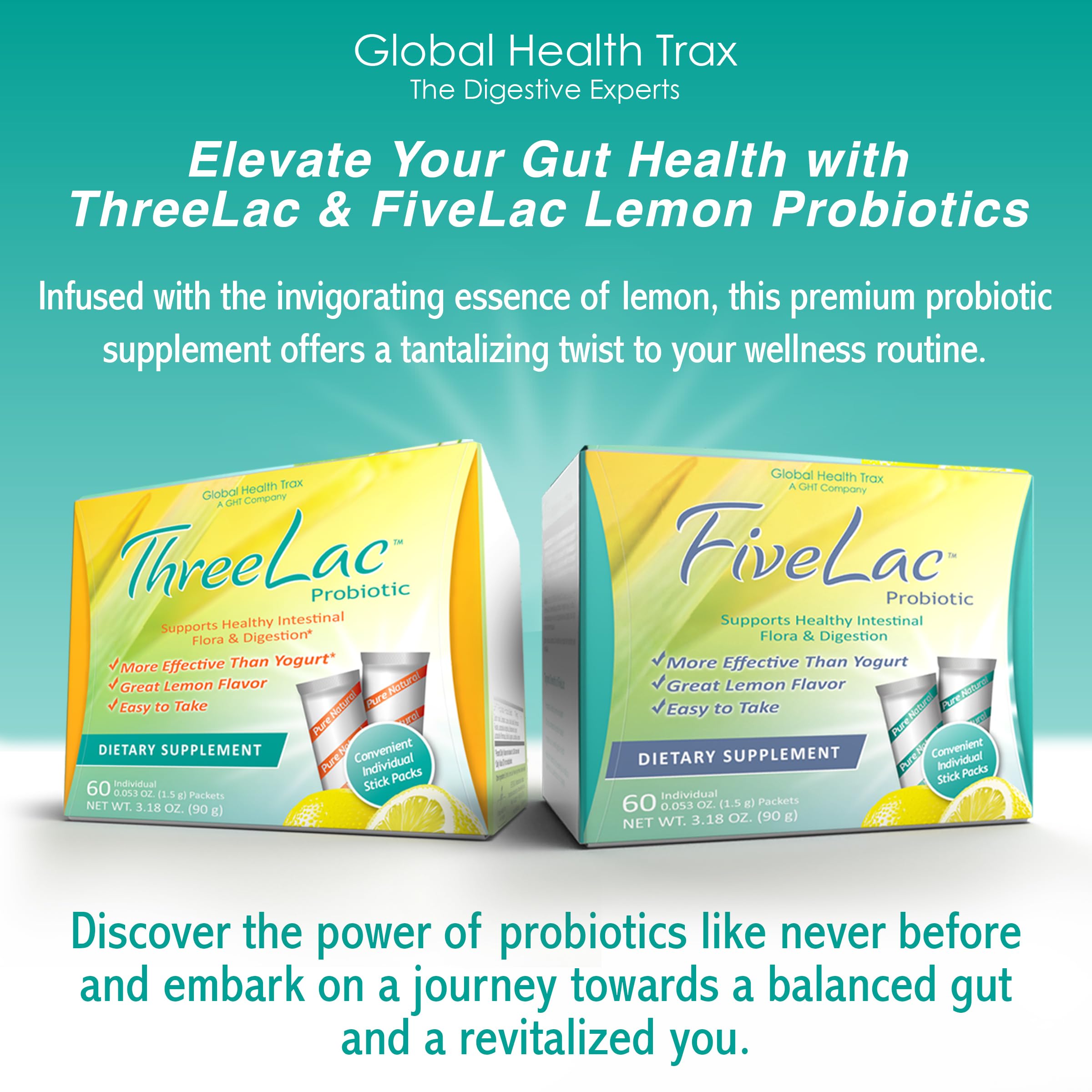 Global Health Trax GHT - FiveLac + Threelac Lemon Probiotic Powder Drink Mix, Probiotics for Women, Men, Kids, Smooth Digestive Support & Elimination, Relieves Constipation & Gas - 60 Packets, Non-GMO ght Global Health Trax uk supplements