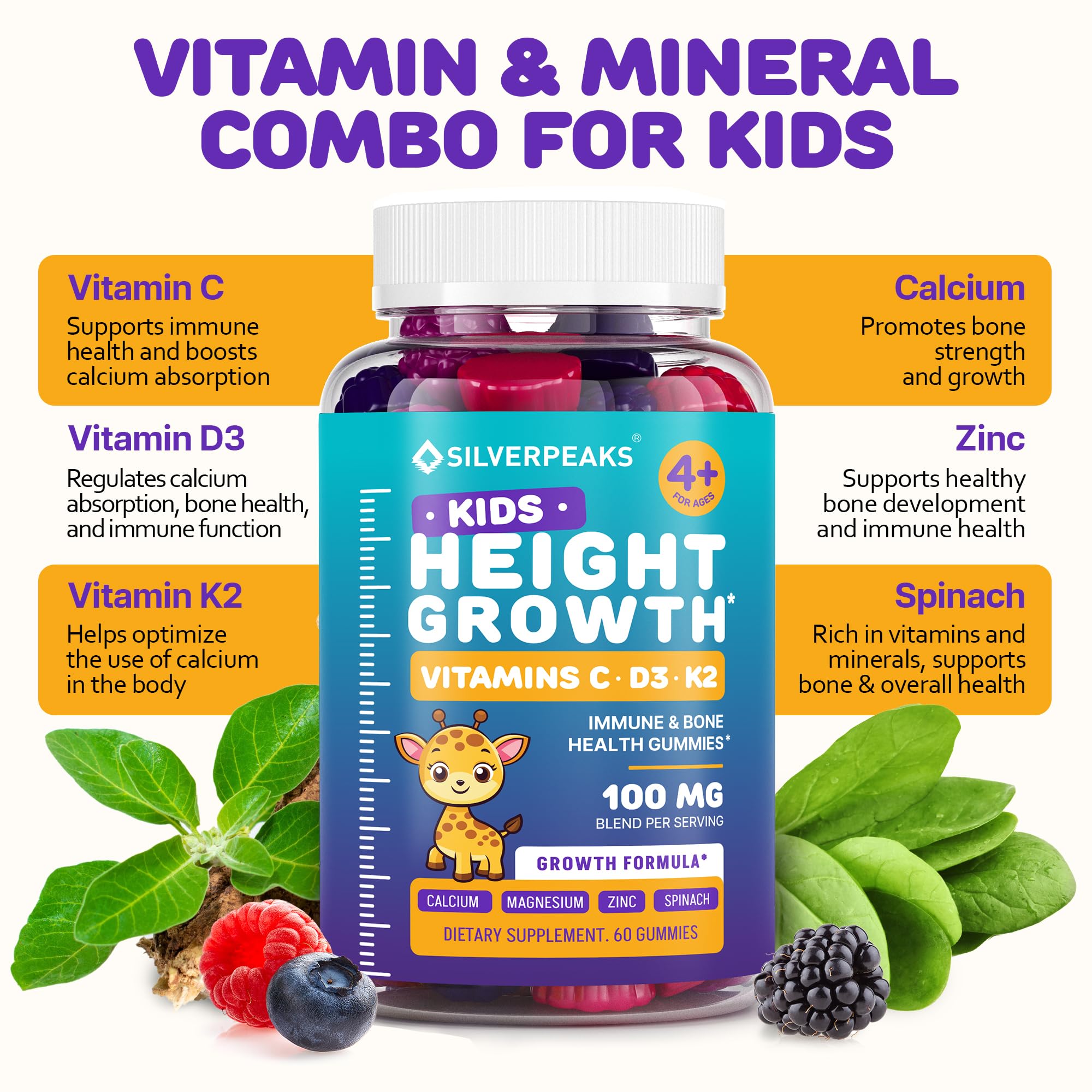 Height Growth Gummies for Kids - Growth Vitamins for Teens, Height Increase Multivitamin for Boys & Girls with Calcium Vitamin D C K2 Magnesium Zinc, Natural Height Growth Maximizer Supplement, 60 PCS SILVERPEAKS uk supplements