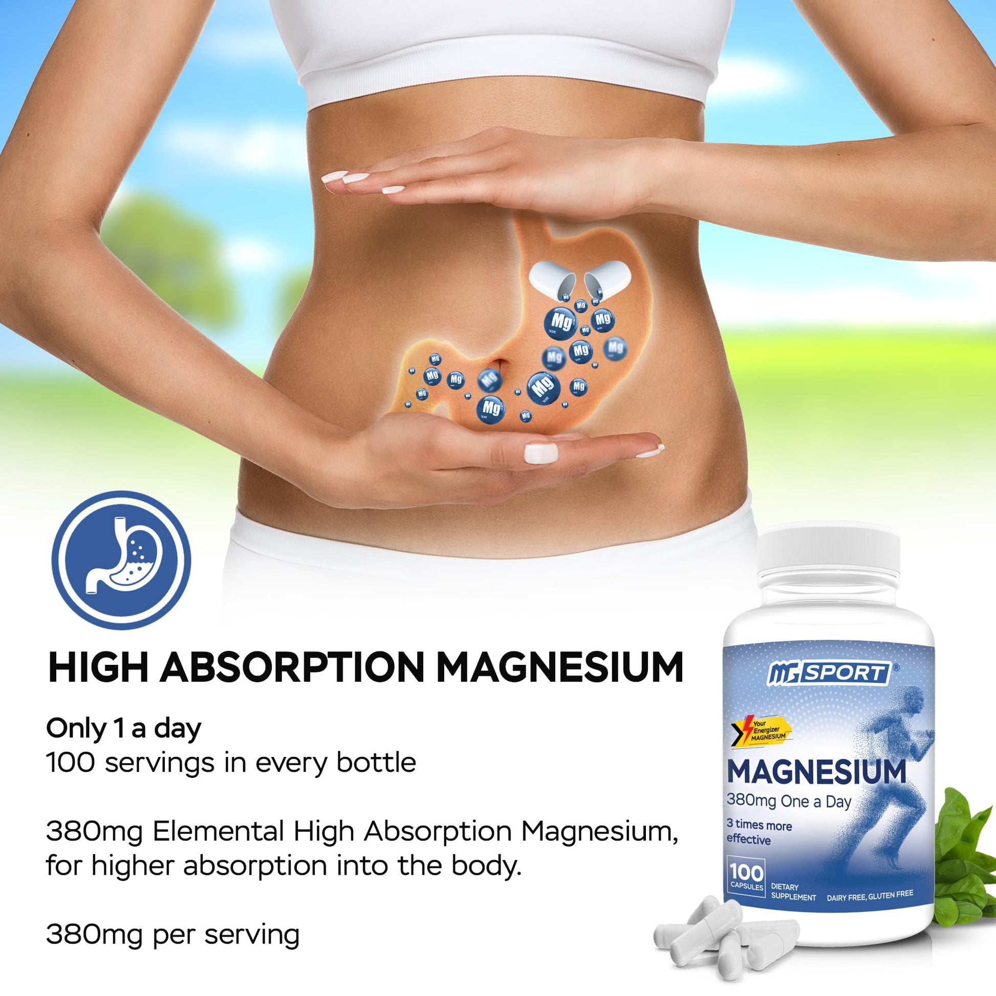 MGSPORT Magnesium Supplement 380mg - High Absorption Magnesium Complex Formula with Vitamins B6, D, E - Supports Muscle Function and Sleep Quality - 100 Servings MgSport uk supplements