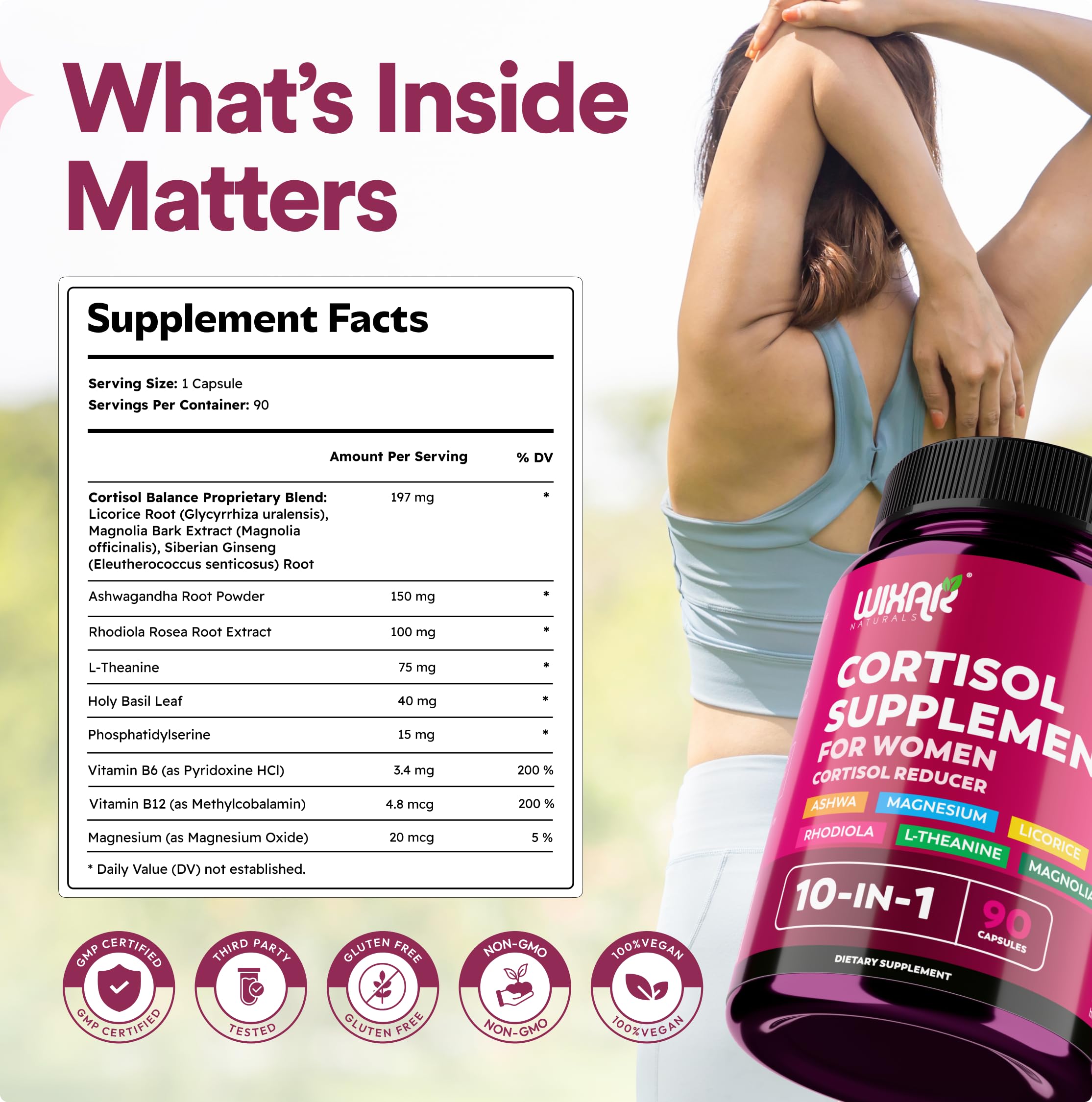 WIXAR Cortisol Supplements for Women with Ashwagandha, Magnesium, L-Theanine, Rhodiola Rosea - for High Cortisol Balanace Manager - for Sleep Support, Mood & Focus Supplement - 90 Capsules WIXAR NATURALS uk supplements