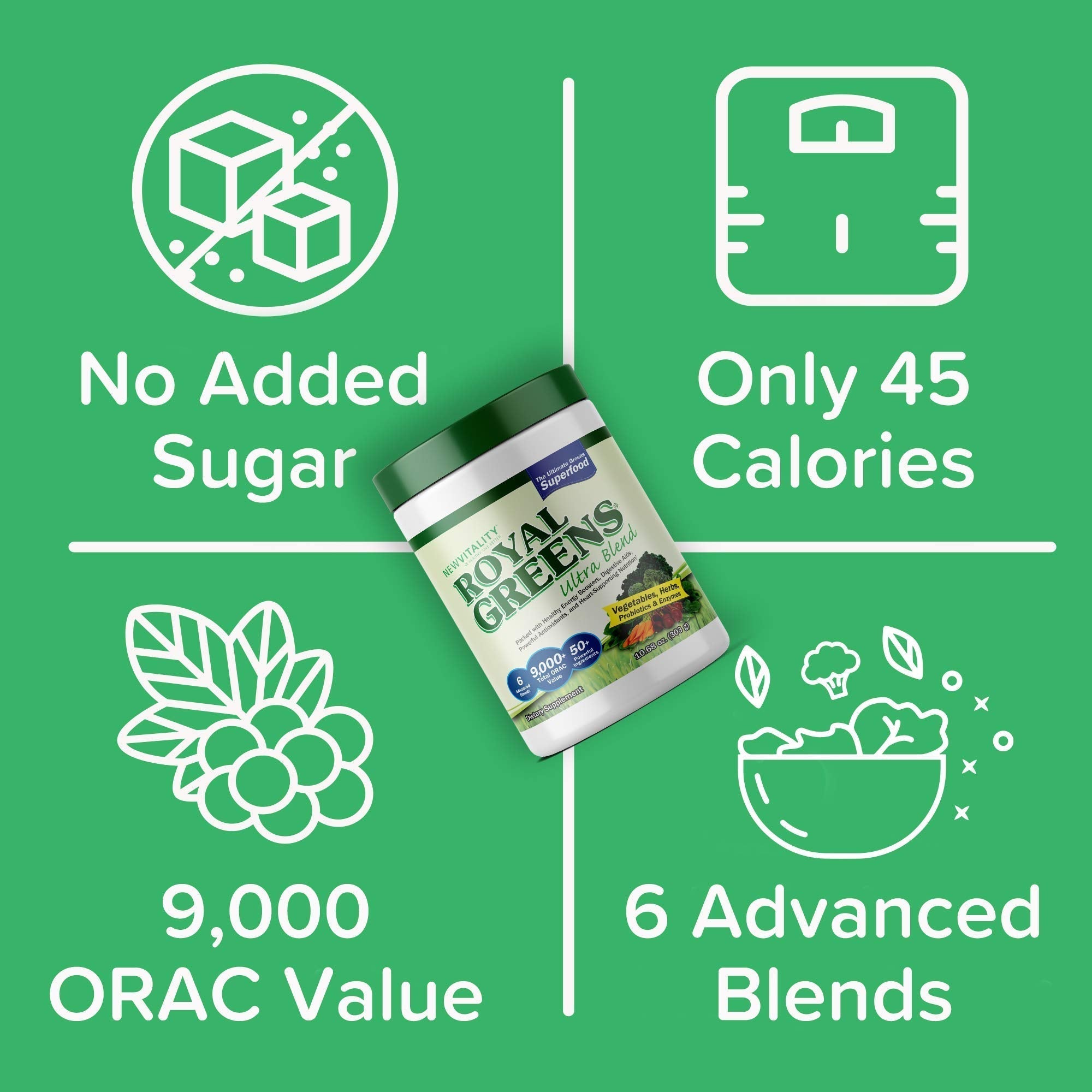 New Vitality Royal Greens Superfood Powder | Healthy Veggie Powder with Probiotics, Enzymes, Antioxidants, Wheat Grass & Greens 10.75oz (30 Day Supply) New Vitality uk supplements